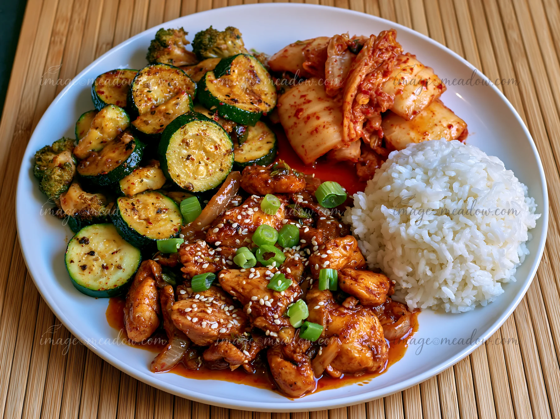 A breakfast plate with Korean breakfast includes rice, grilled zucchini, broccoli, kimchi, and sesame chicken.