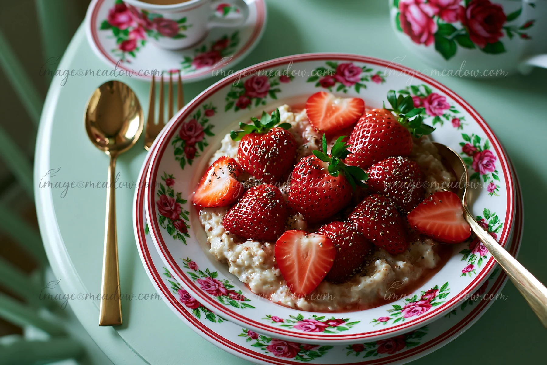 A breakfast plate with oatmeal topped with fresh strawberries sits on a floral table.