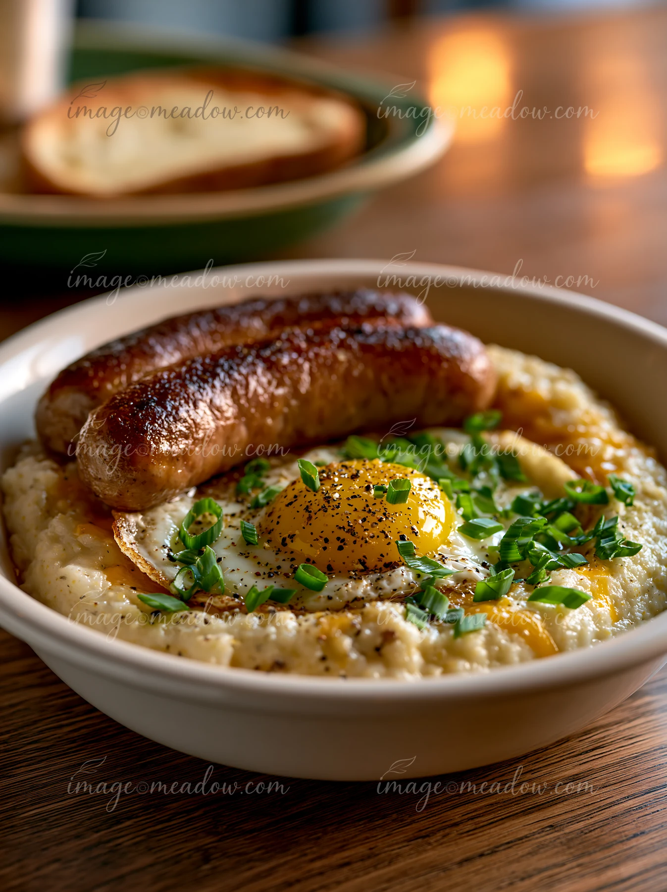 A breakfast plate with sausage and egg is served on a wooden table.