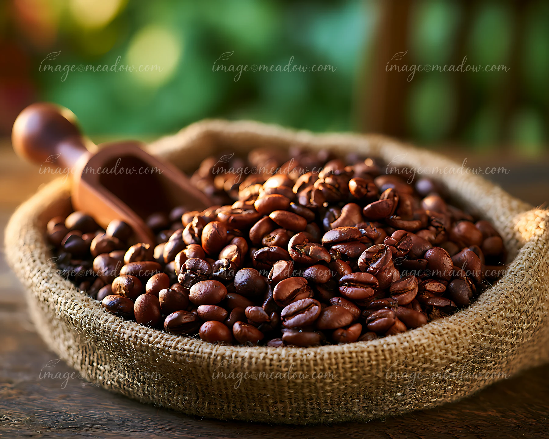 A burlap sack holds a pile of freshly roasted coffee beans with a wooden scoop resting beside it.