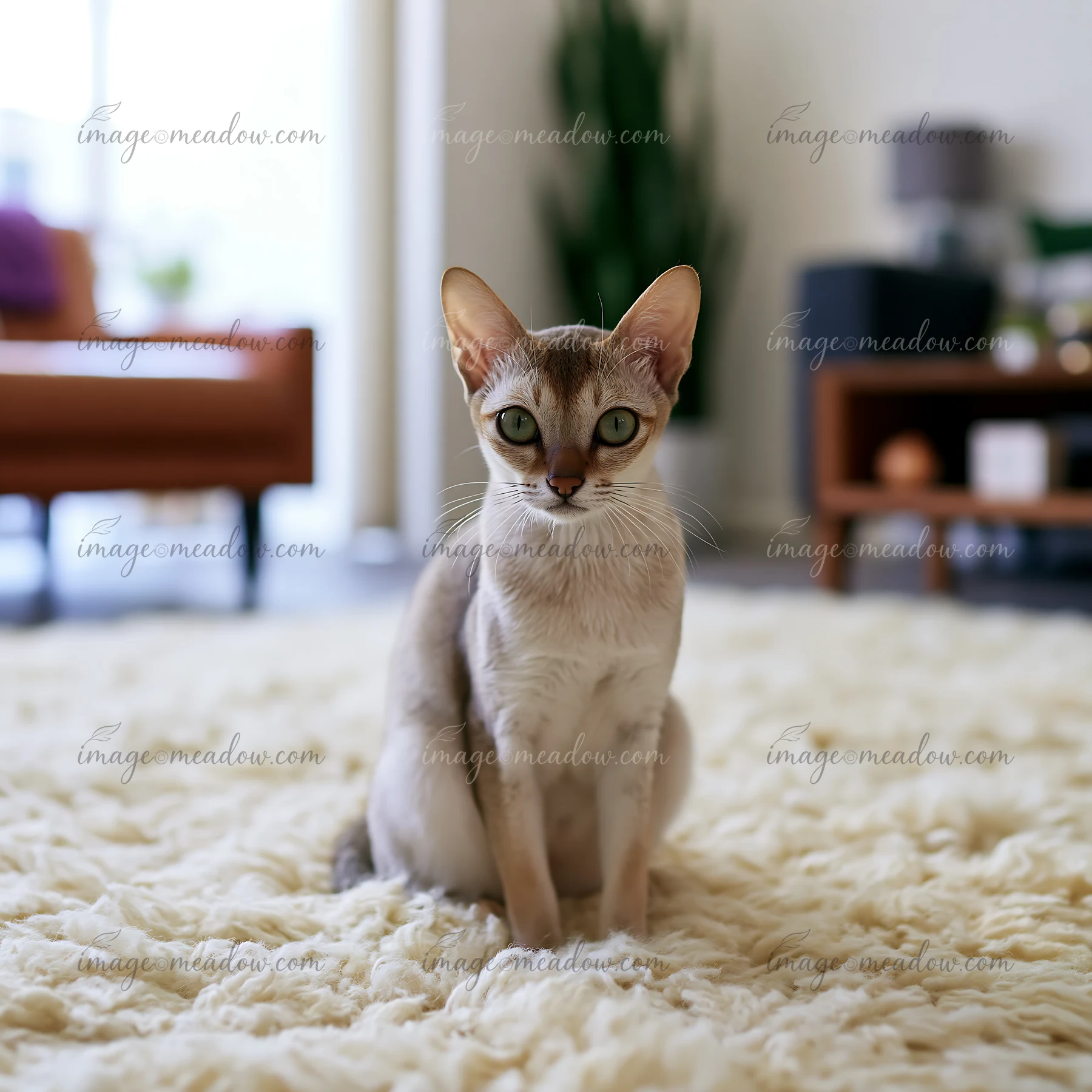 A cat sits on a soft rug in a well-lit living room filled with sunlight.