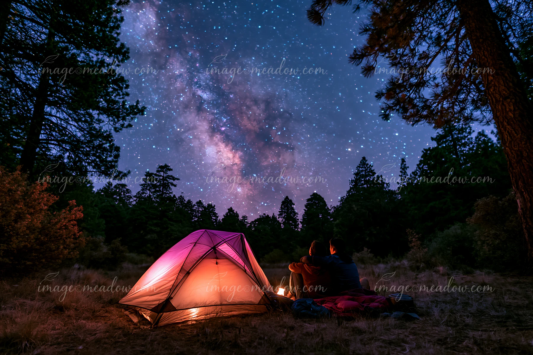 A couple views the Milky Way from a forest clearing at night while sitting by a glowing campfire.