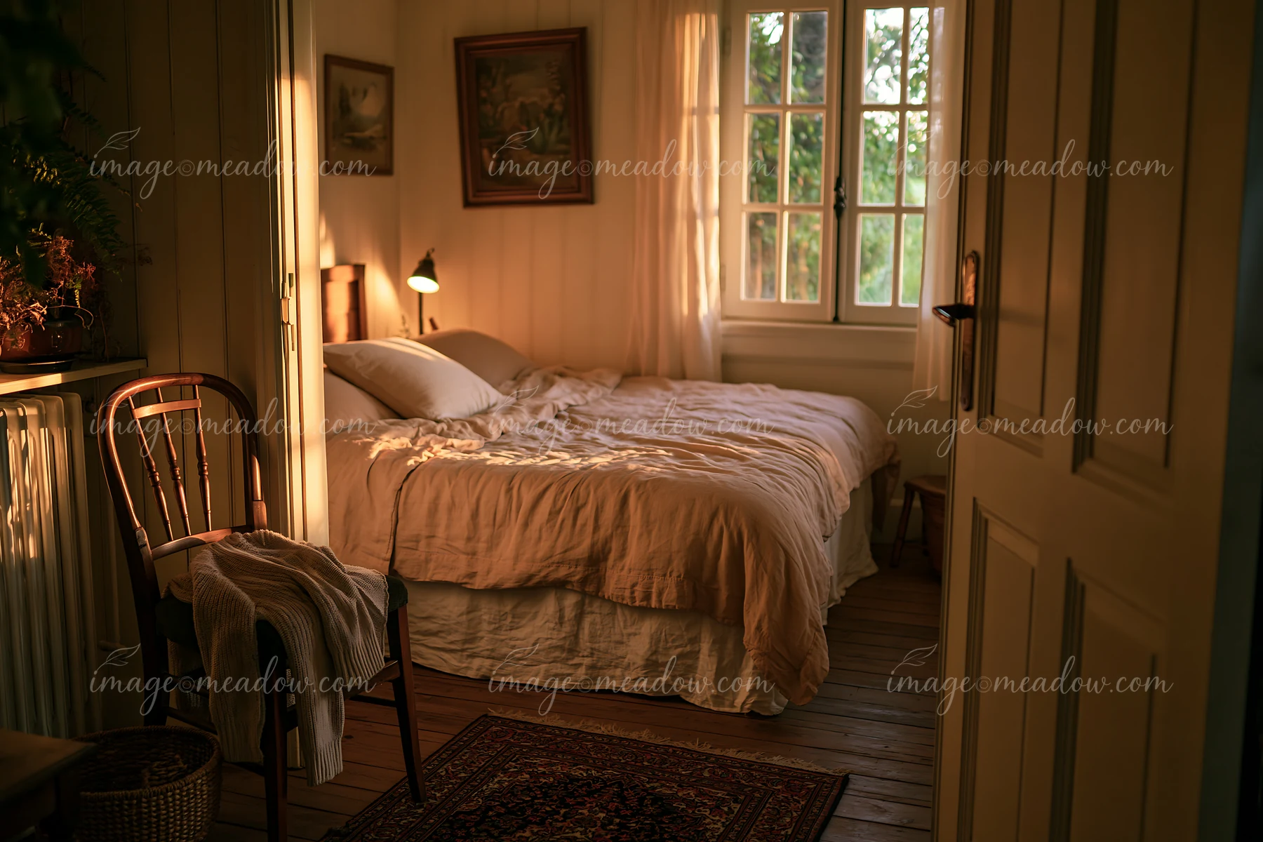 A cozy bedroom features linen bedding on a simple bed, natural light streams through the windows, and a wooden chair sits nearby.