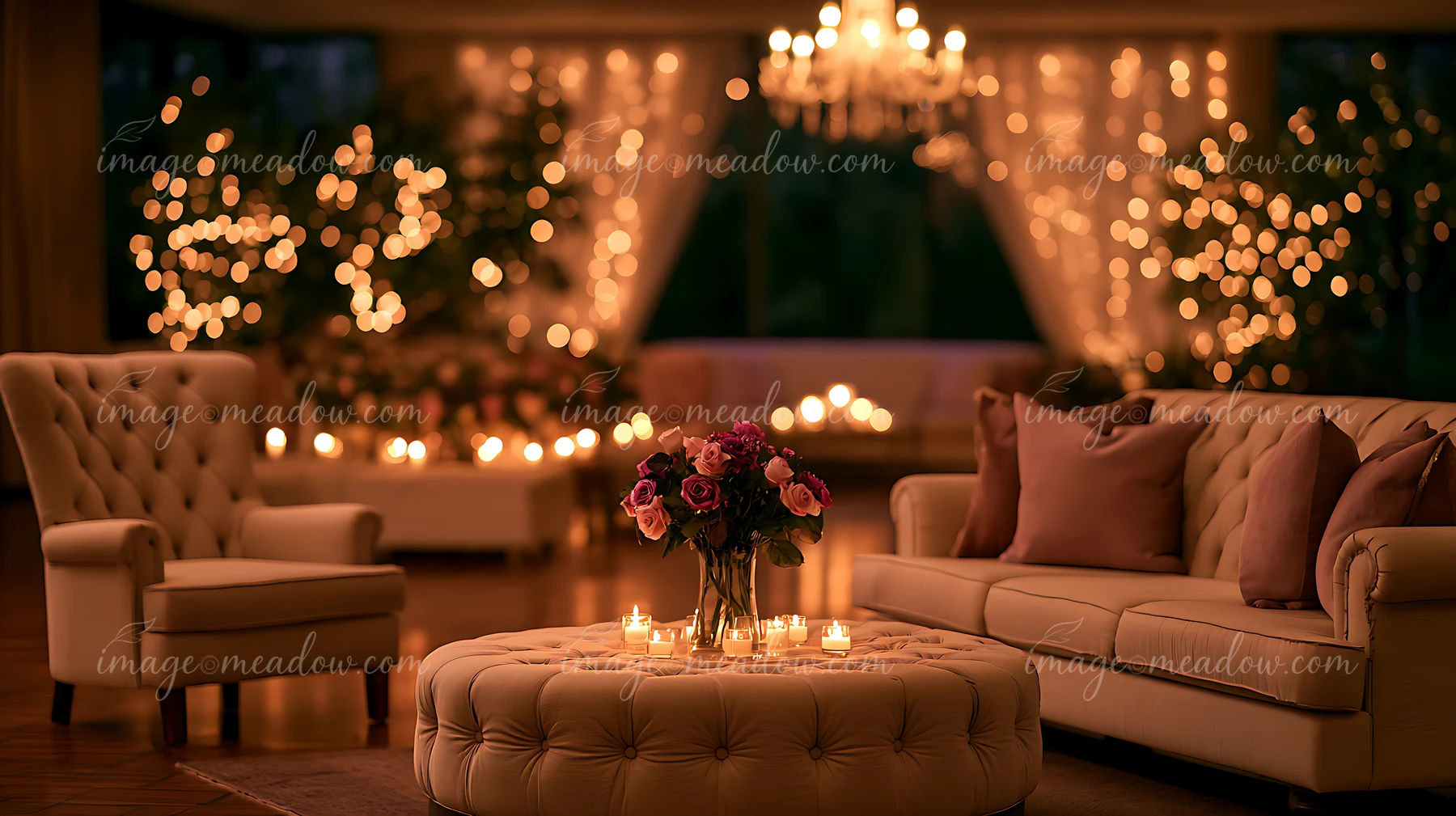 A cozy living room features soft seating and a large coffee table decorated with candles and flowers.
