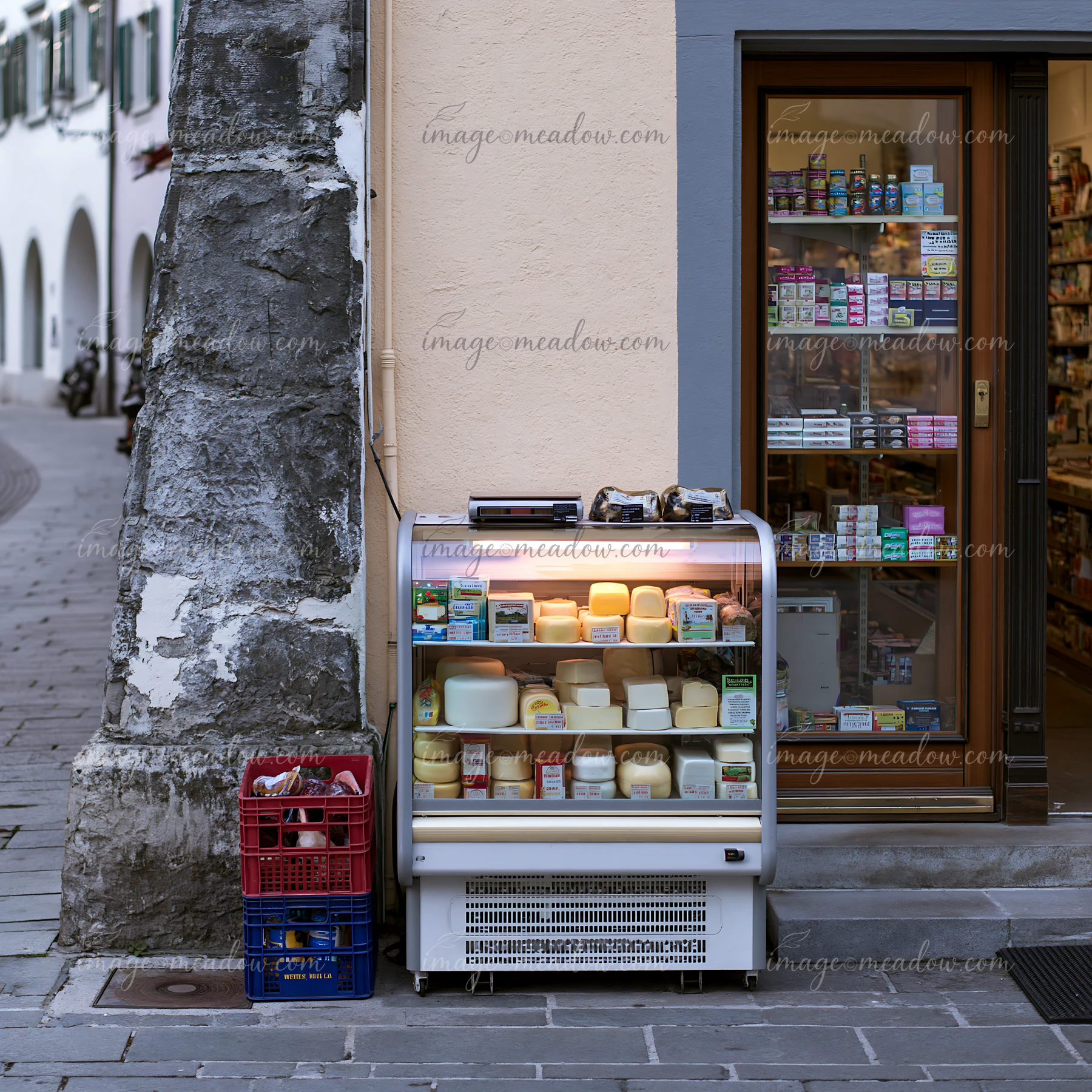 A dairy products shop on a pedestrian street features a display of various cheeses.
