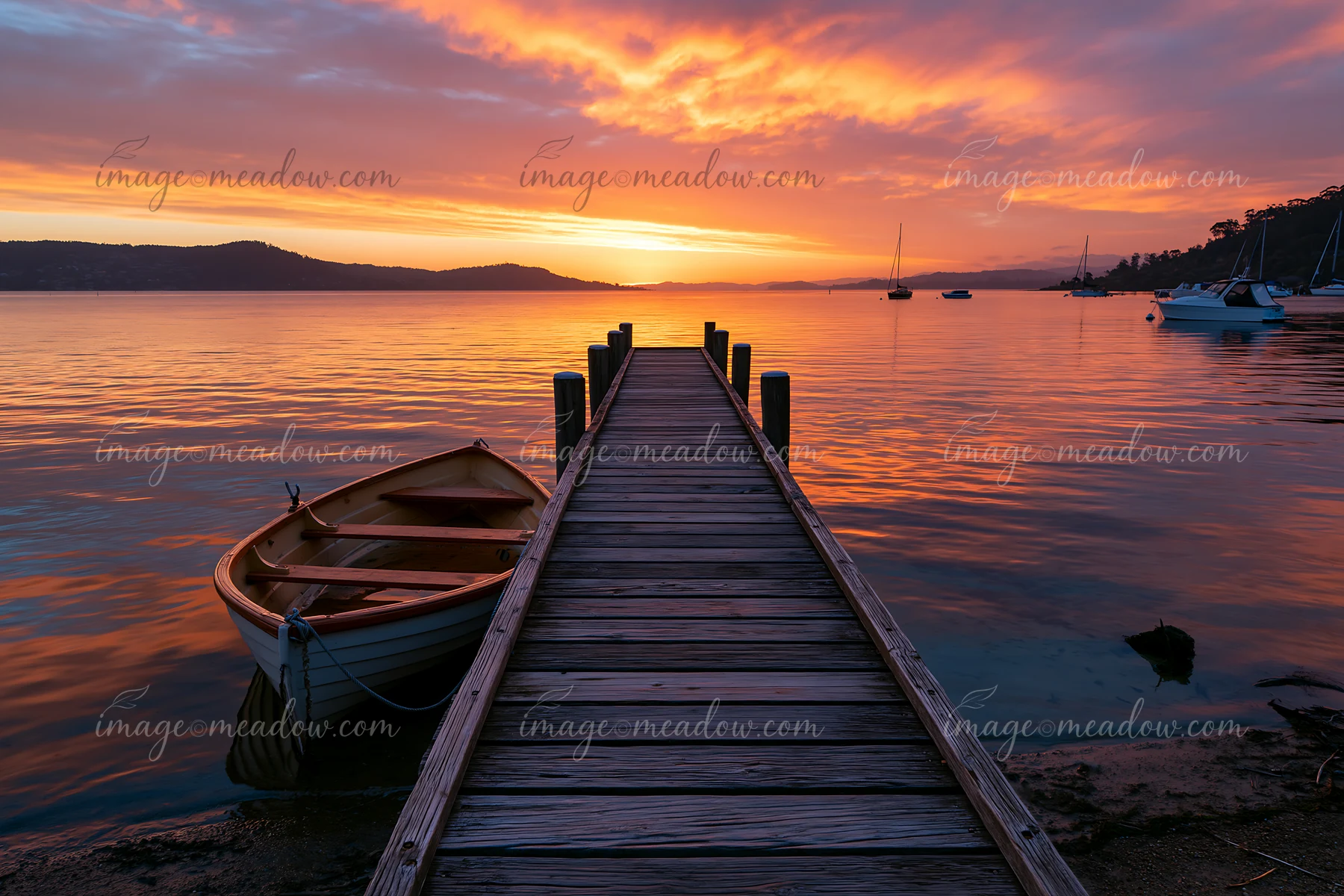 A dock extends into the water at sunset.