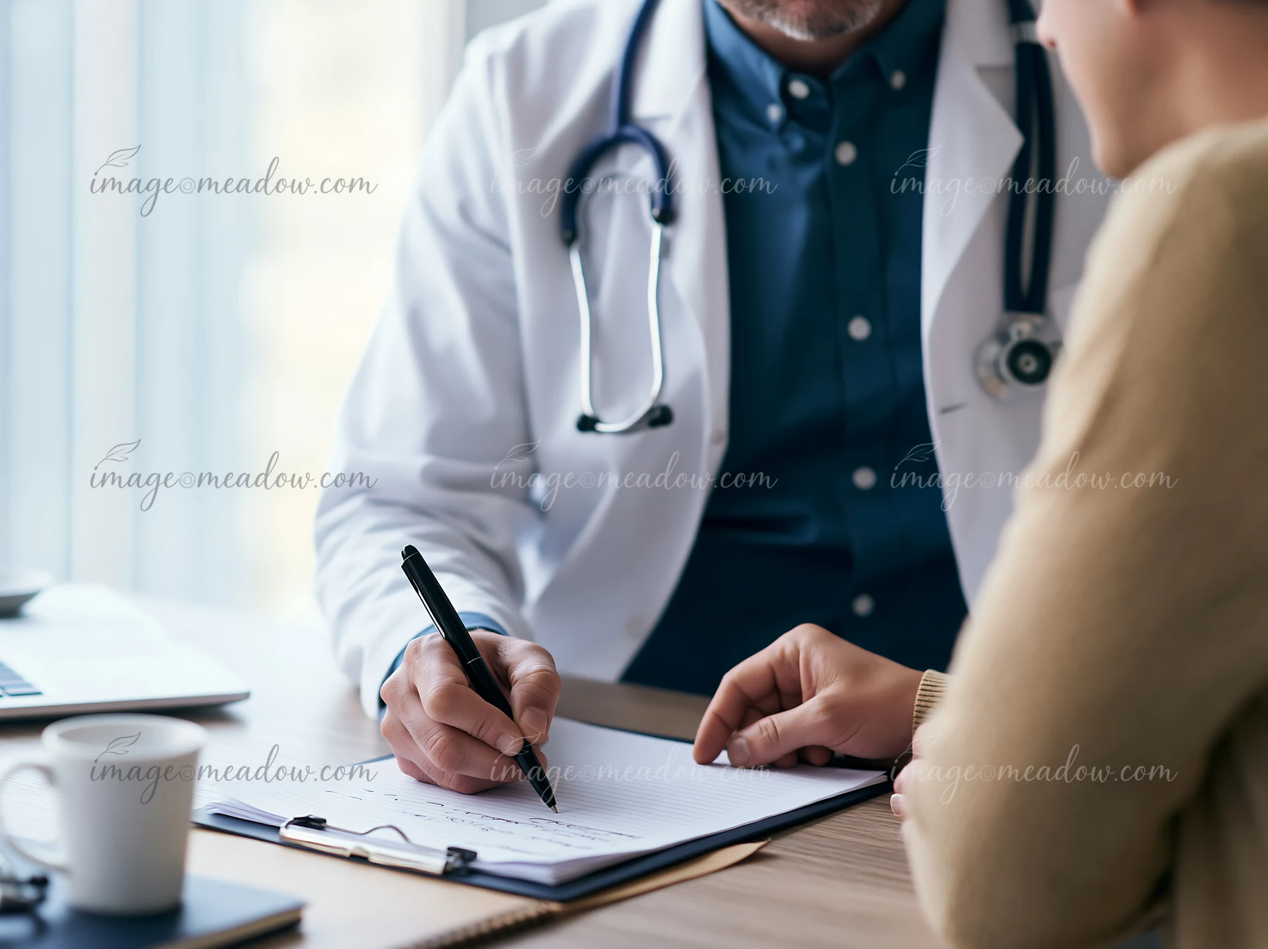 A doctor consulting with a Parkinson's disease patient takes notes during their meeting at a desk with a laptop.