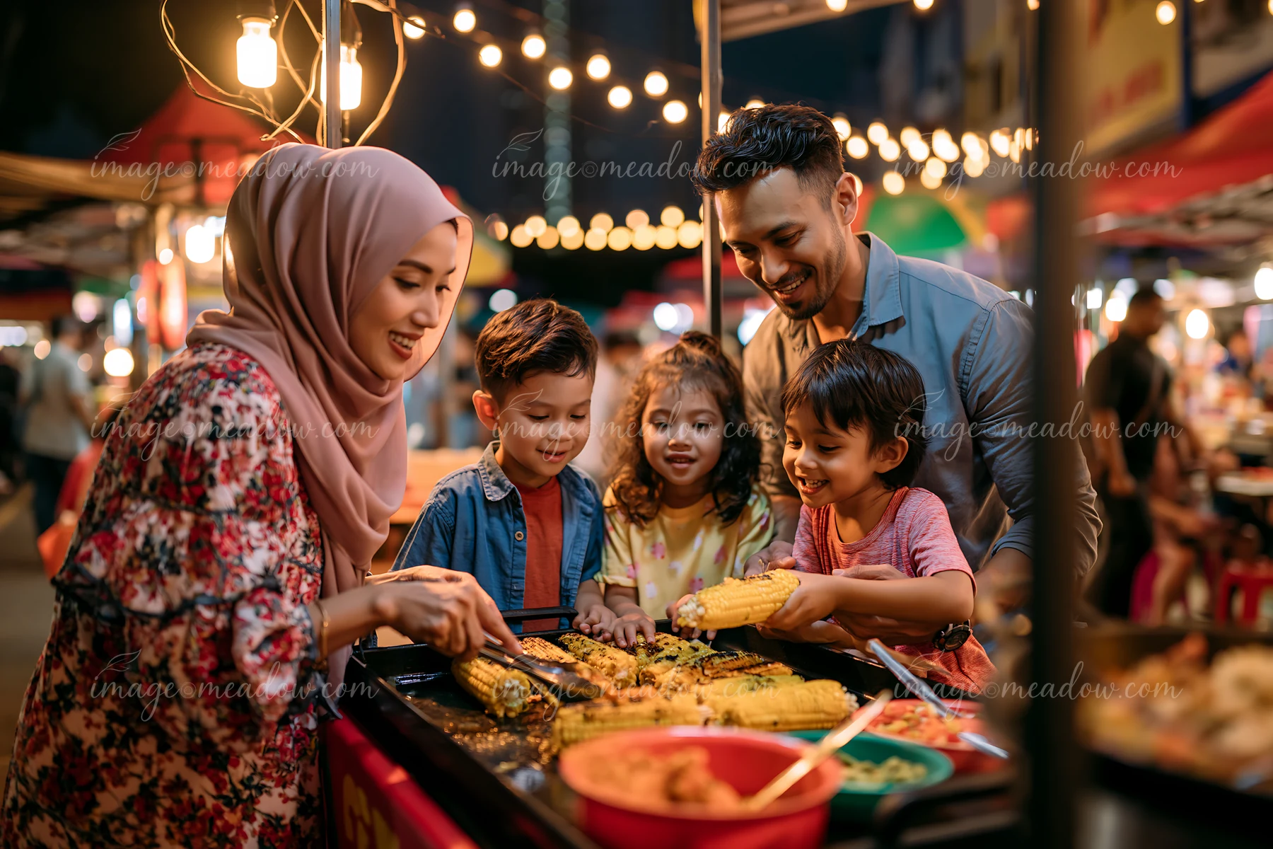 A family at food stalls shares food and smiles during a lively night market.