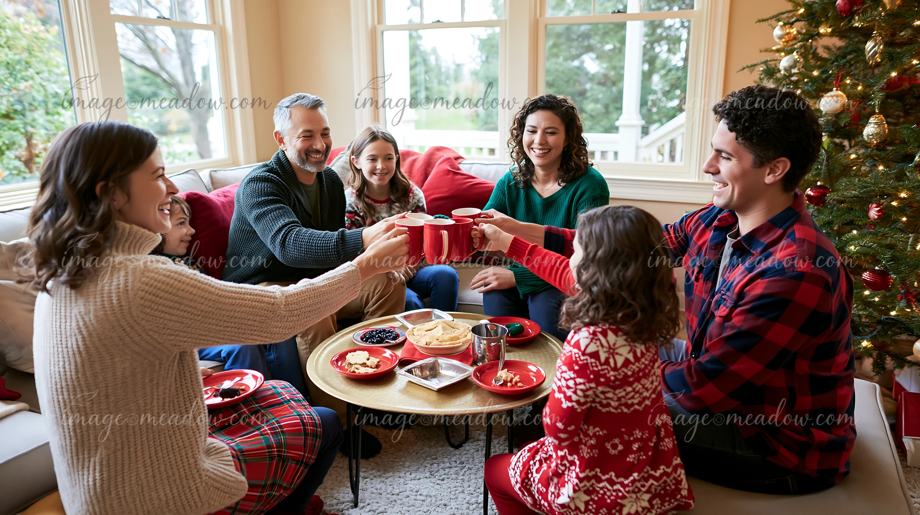 A family enjoys a holiday gathering in a cozy living room, raising mugs while sitting together on a couch.