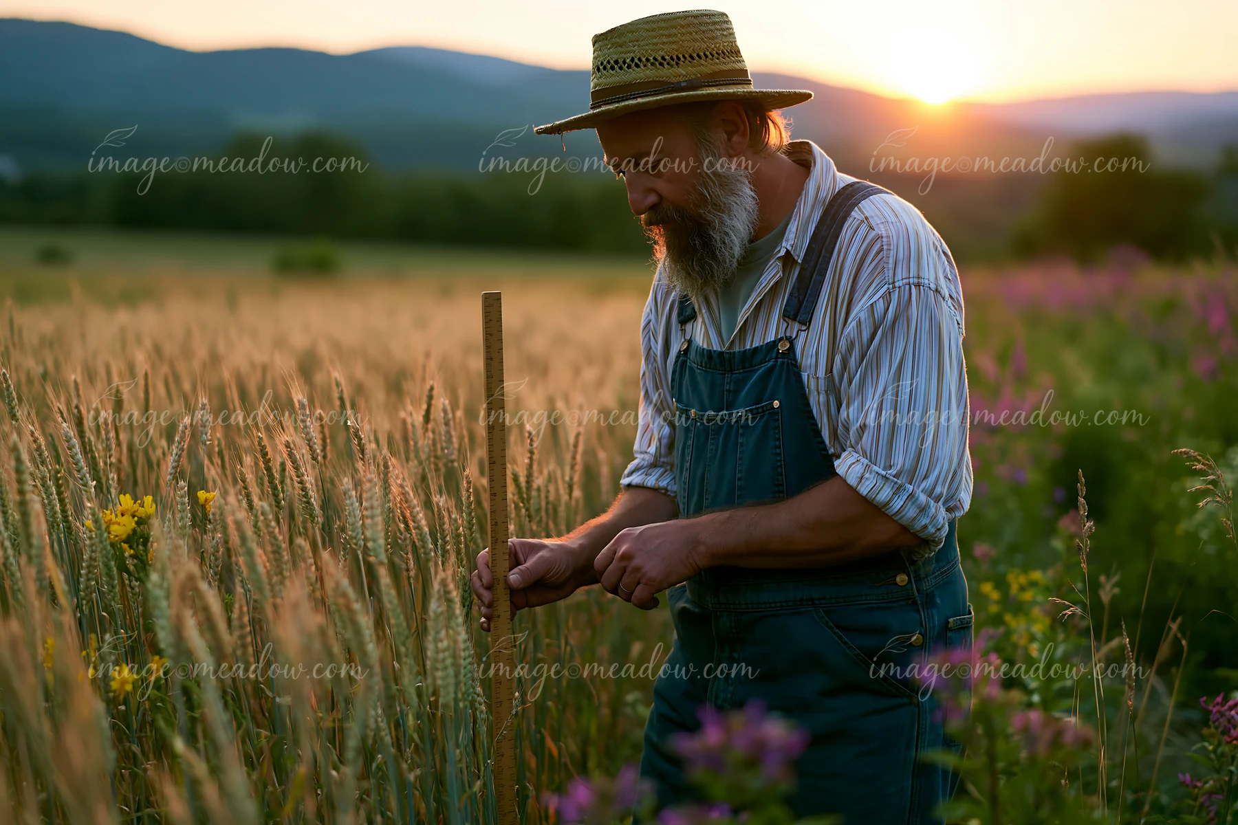 A farmer inspects wheat in a golden field during sunset, surrounded by vibrant flowers and mountains in the background.