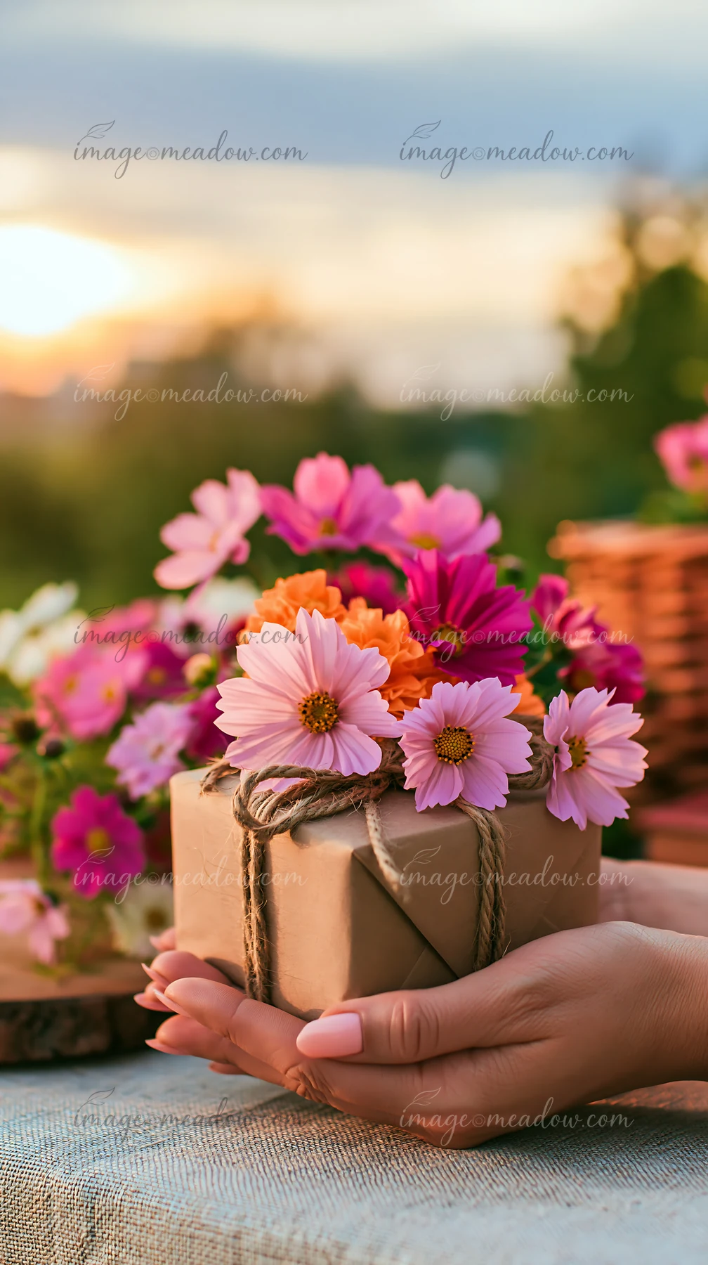 A hand holds a blank gift box decorated with colorful blossoms in a softly blurred garden at sunset.