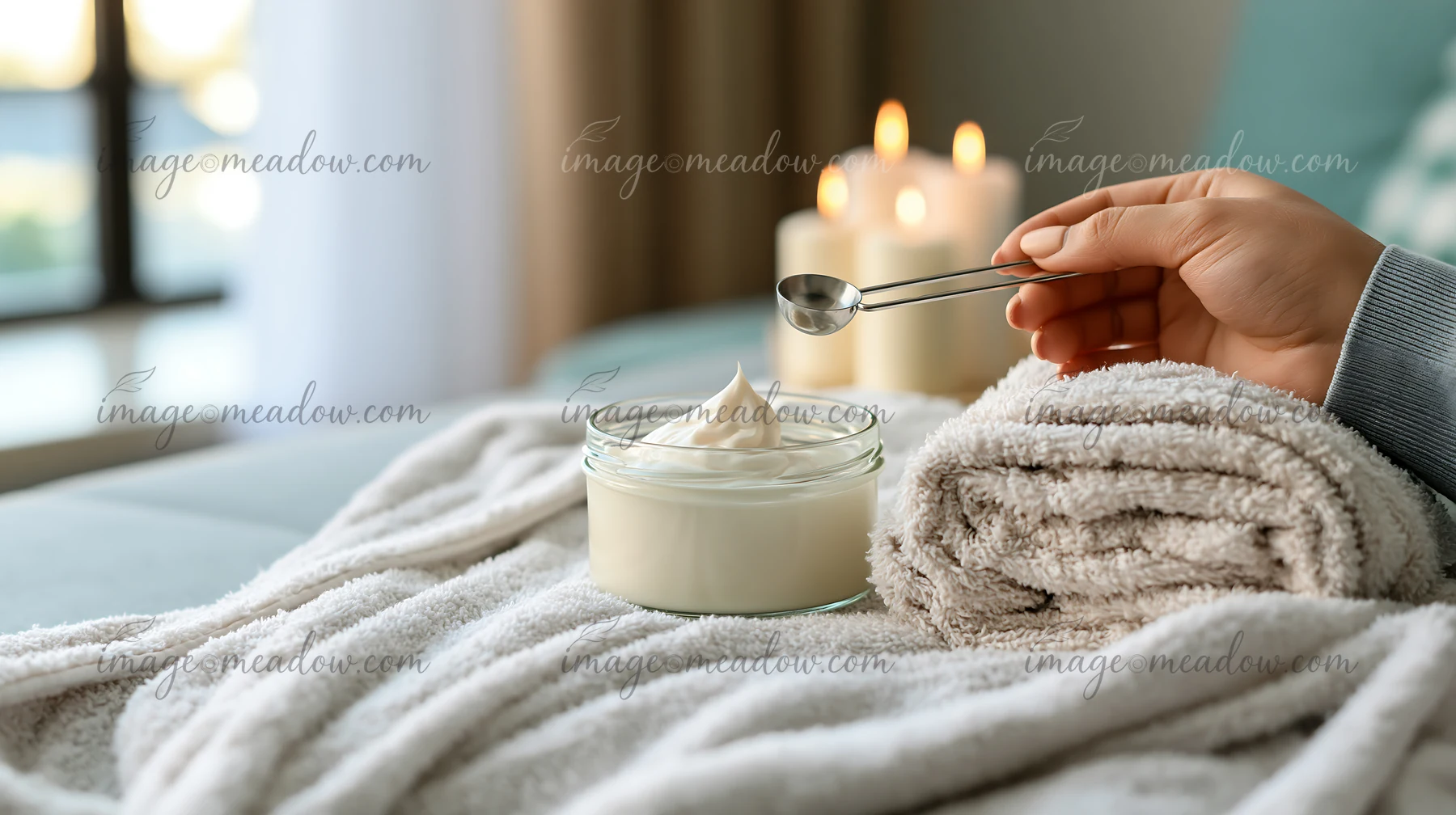 A hand holds a cosmetic scoop over a jar of cream, placed on a soft towel in a cozy setting with candles in the background.