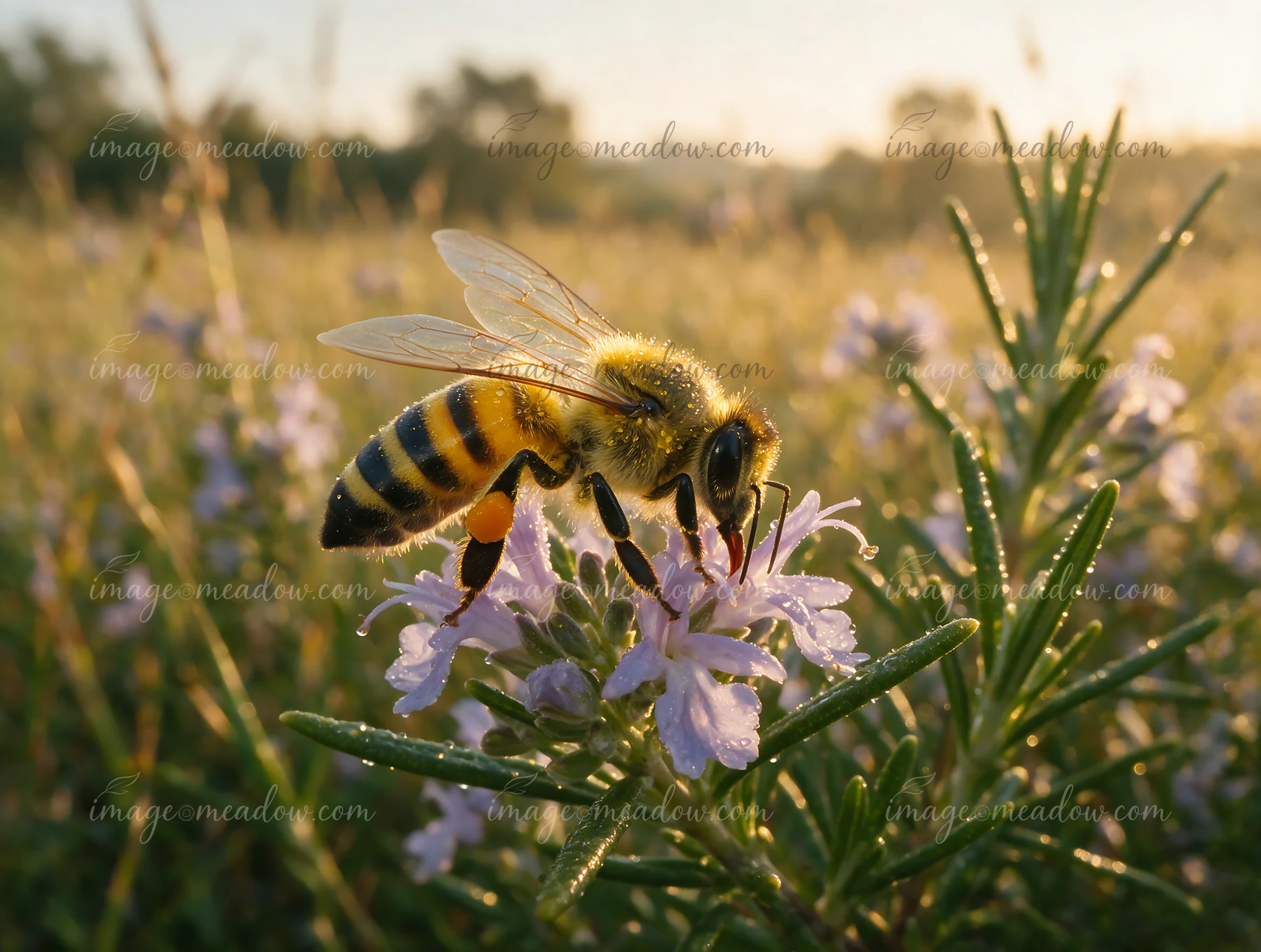 A honey bee on rosemary flower gathers nectar in a field during a warm morning.