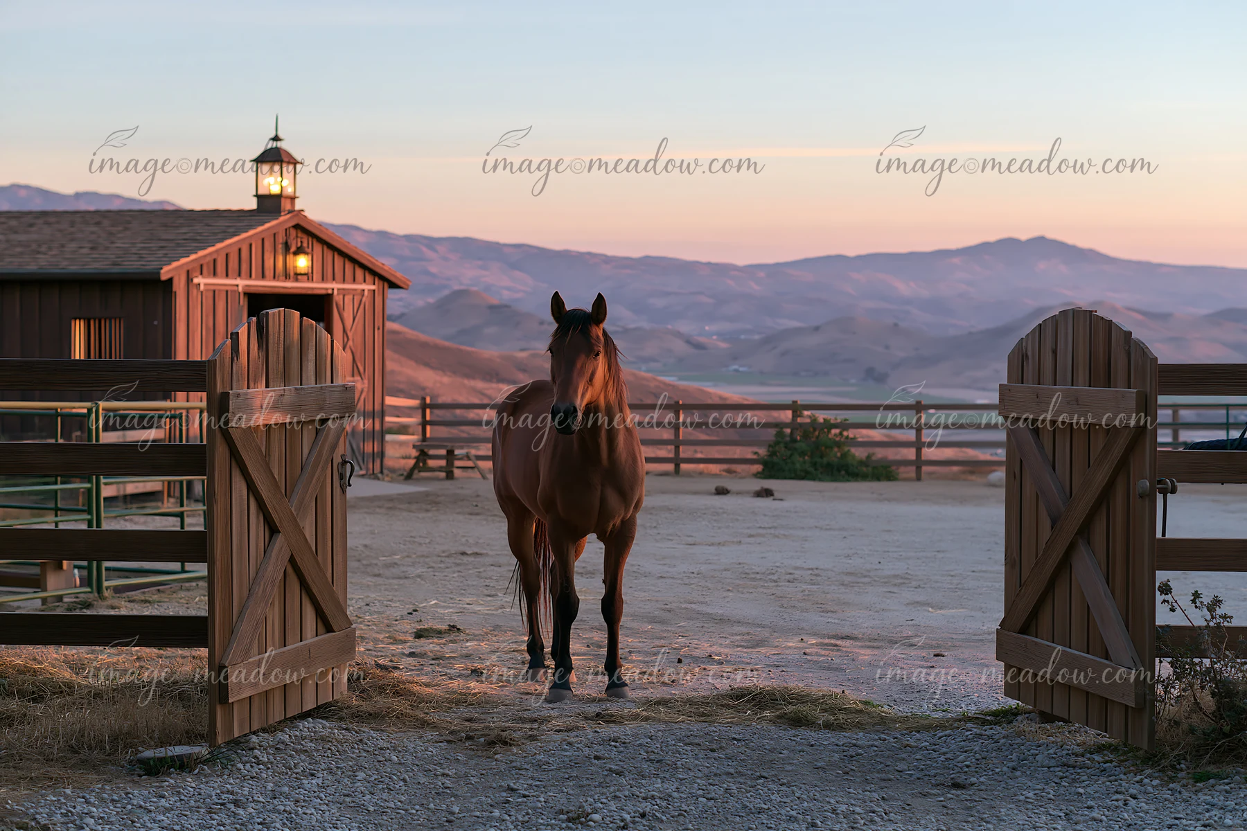 A horse stands at the entrance of a stable as the sun sets behind distant hills.