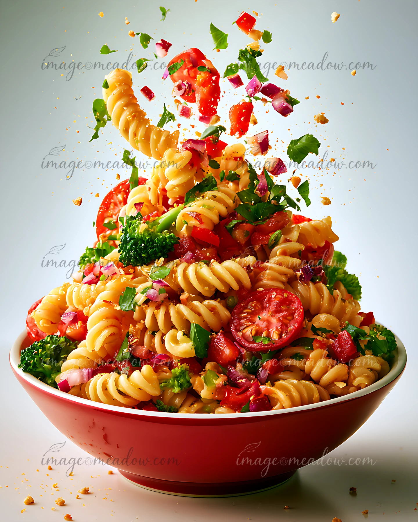 A large bowl holds a vibrant pasta salad made of fusilli noodles, cherry tomatoes, broccoli, and herbs, set against a light background.
