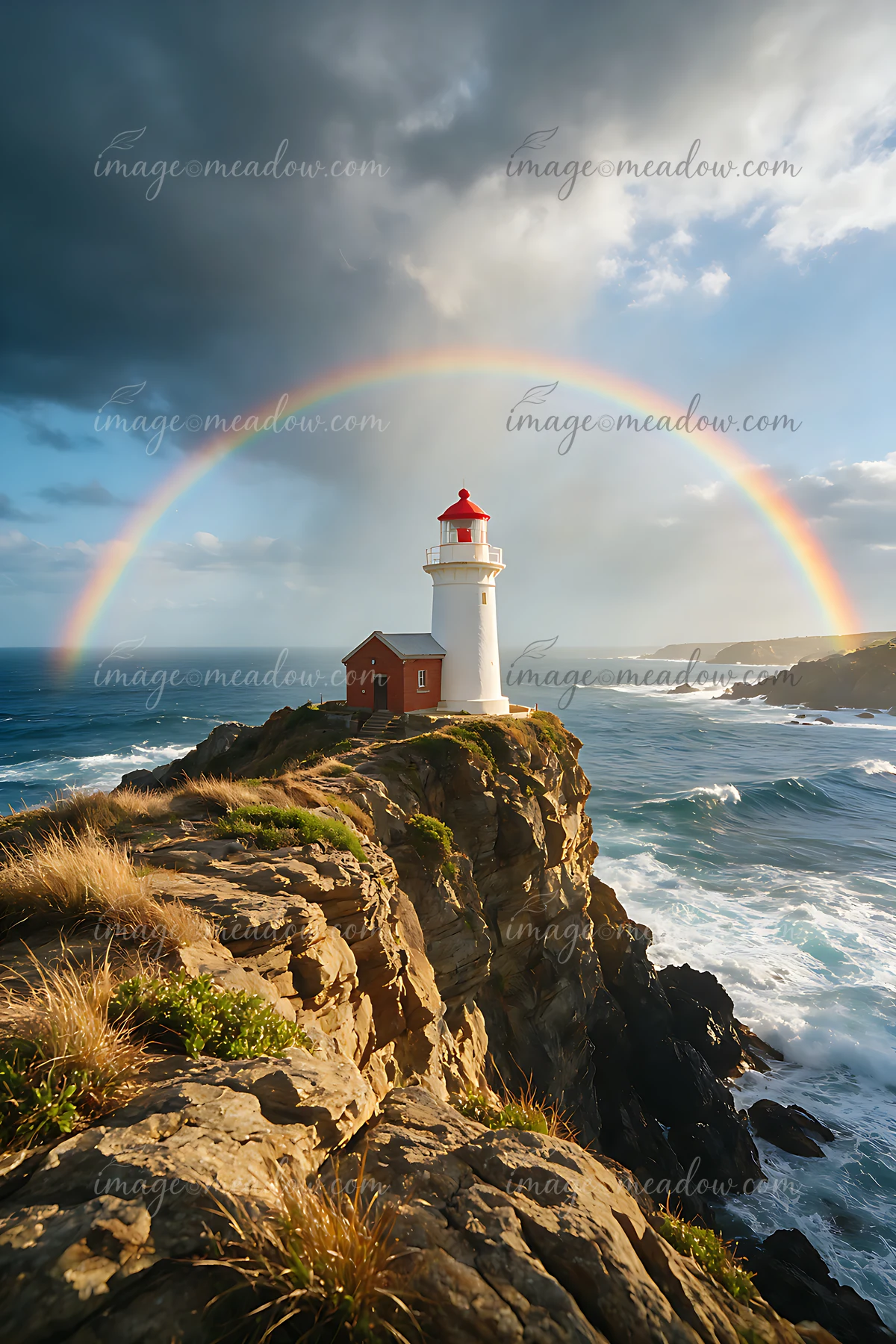 A lighthouse stands on a rocky cliff as a rainbow arches over the ocean.