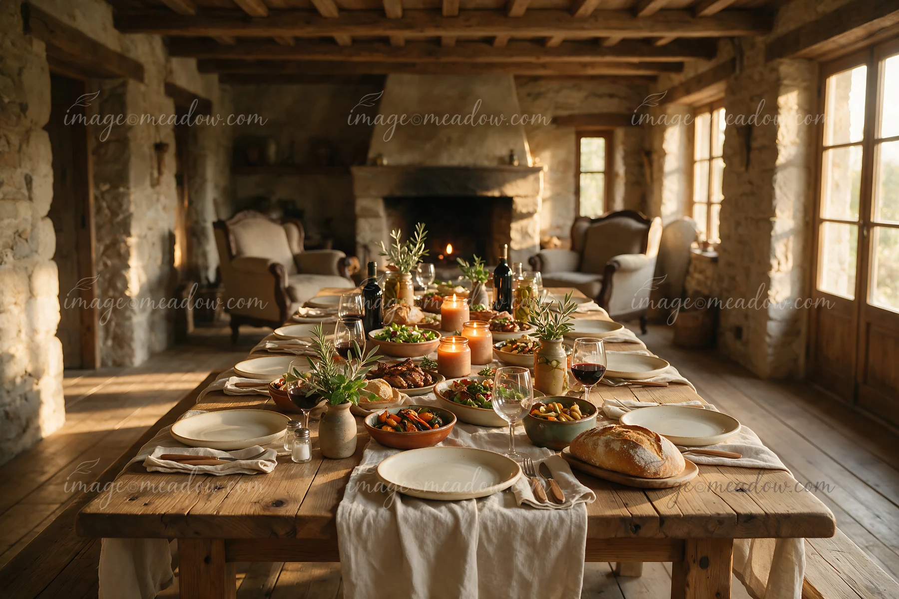 A long wooden table is set with various dishes, candles, and drinks in a cozy farmhouse dining room.