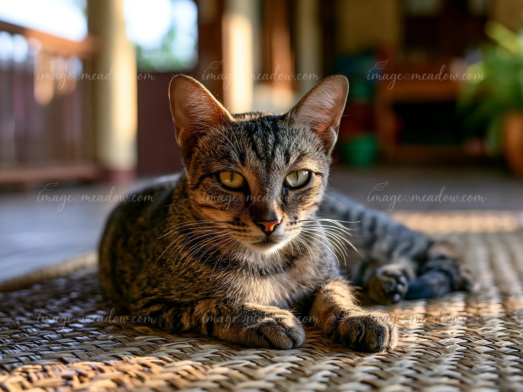 A Mandalay cat relaxes on a woven mat in a sunlit room.