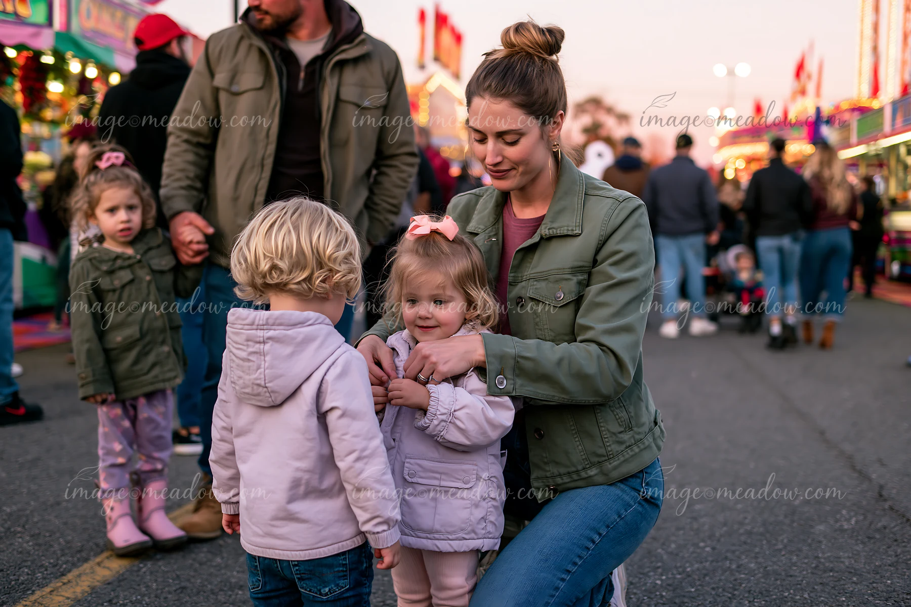 A mother helps her daughter while a son stands beside them at a busy carnival.