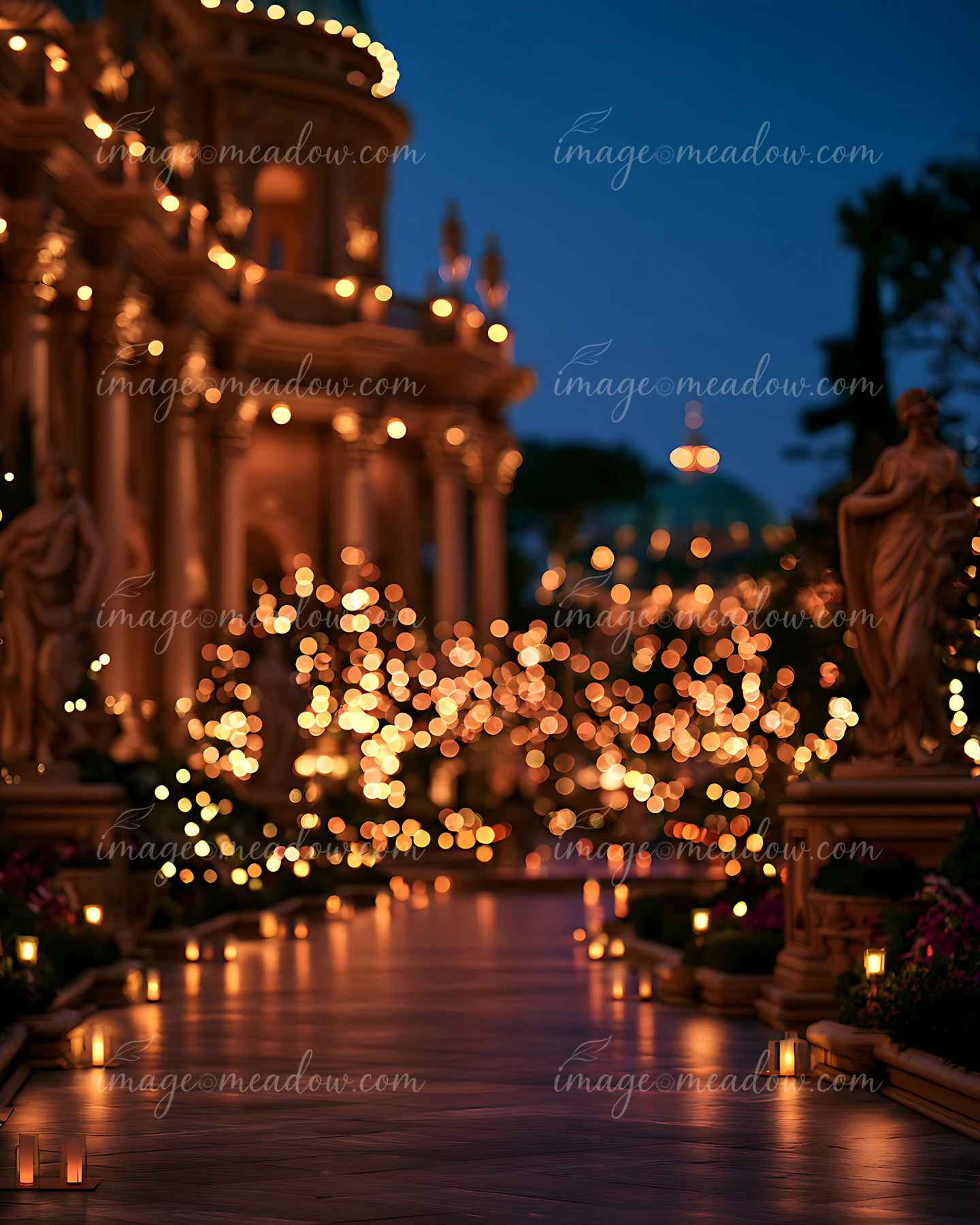 A pathway in a garden is lined with glowing lights.