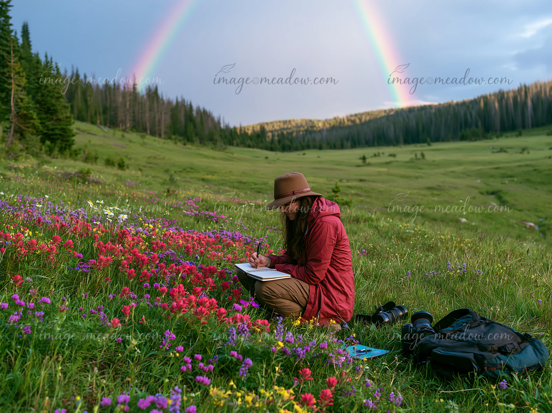 A person sits in a lush green meadow beneath a rainbow, surrounded by colorful flowers.