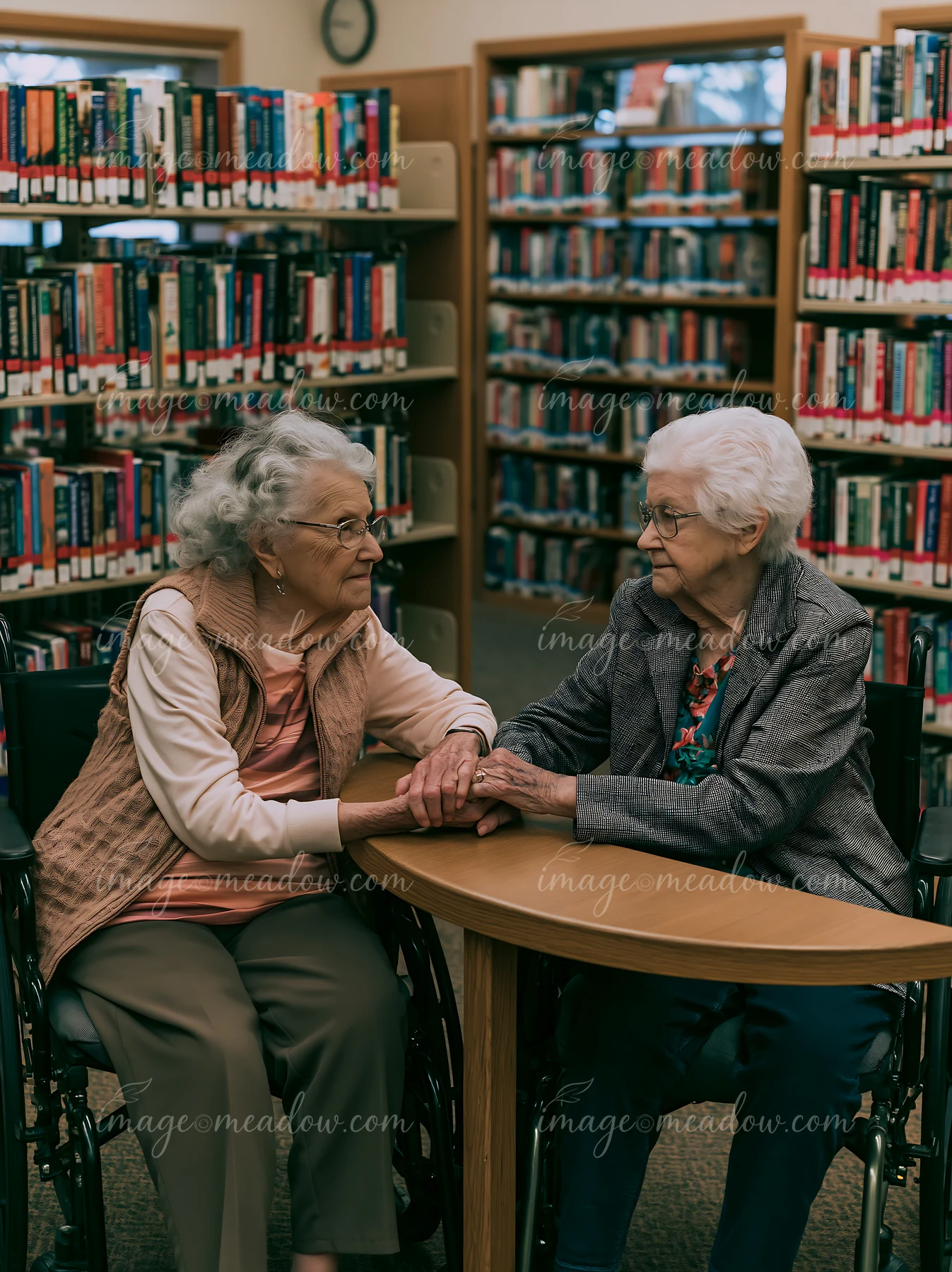 A person with Alzheimer's recognizing a familiar family member sits at a table in a library.
