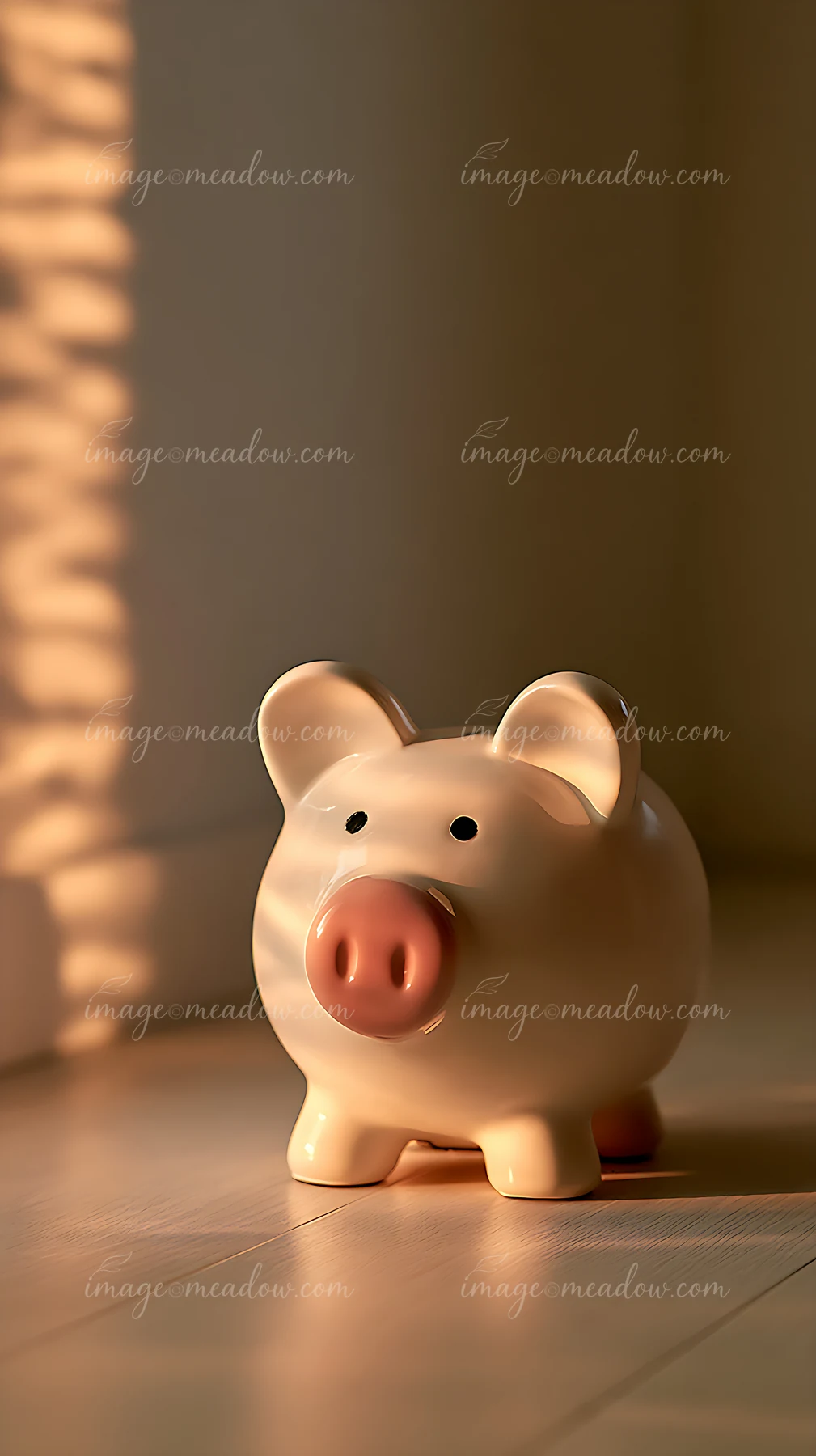 A piggy bank positioned on a wooden floor captures light from a nearby window.