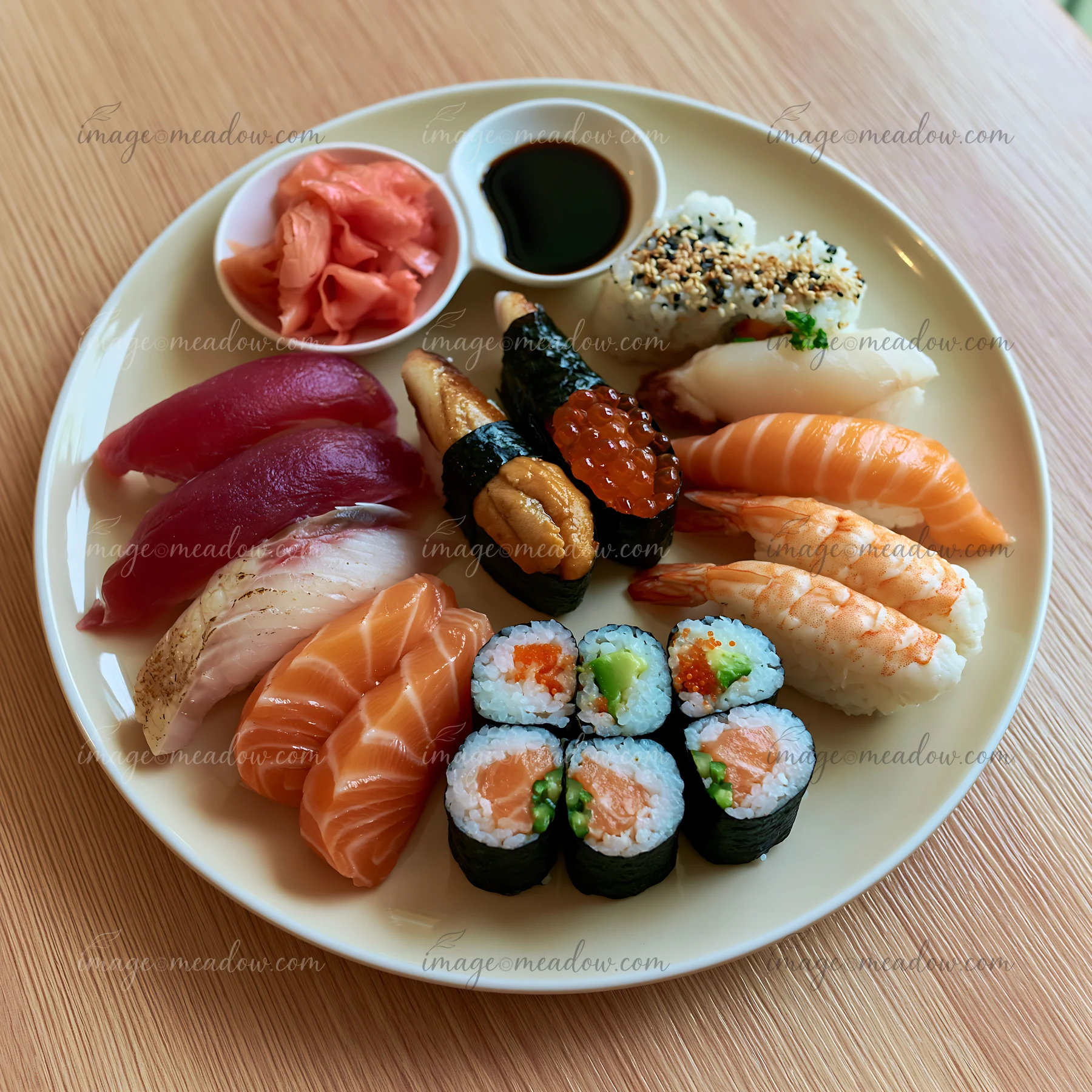 A premium sushi selection is beautifully arranged on a round plate, featuring various types of nigiri, sashimi, and maki rolls.
