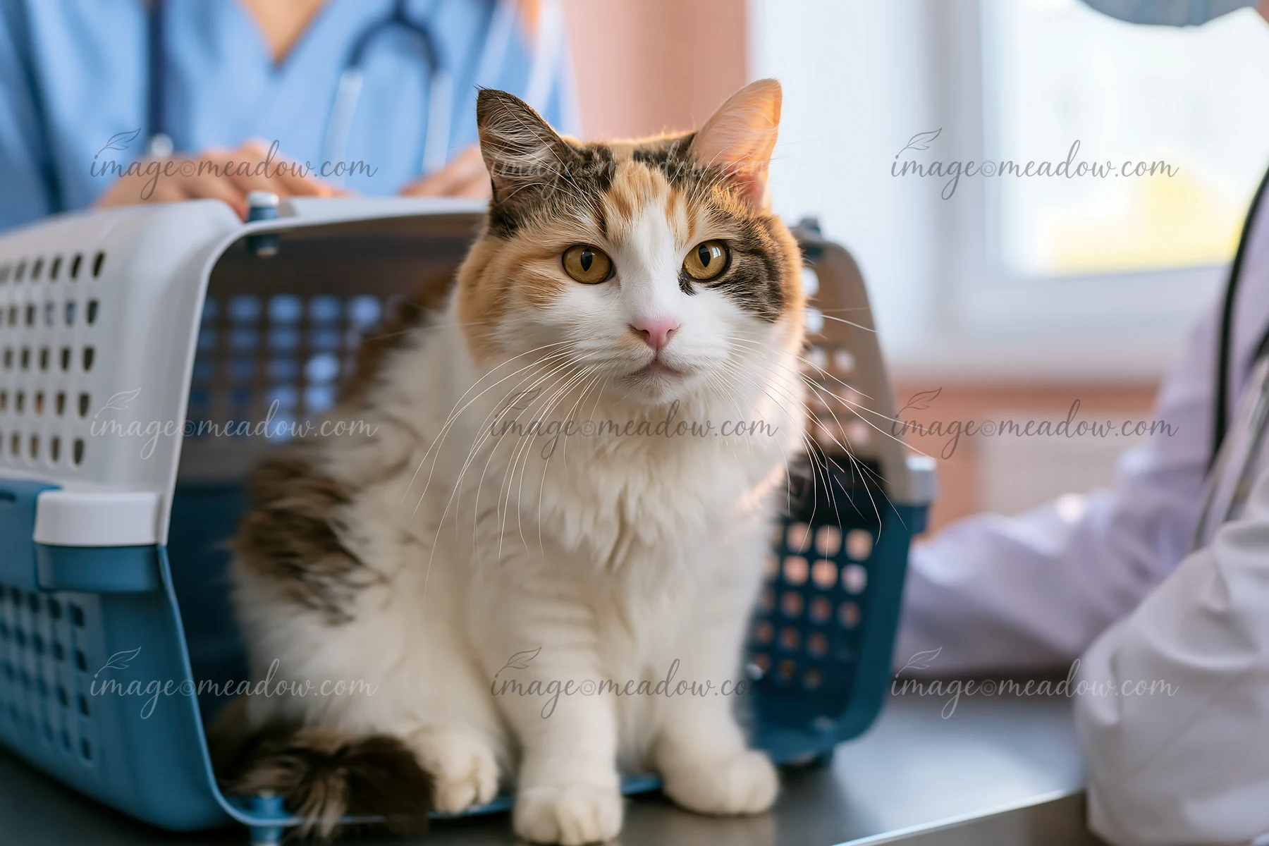 A rare cat breed sits in a carrier at a veterinary clinic during an examination.