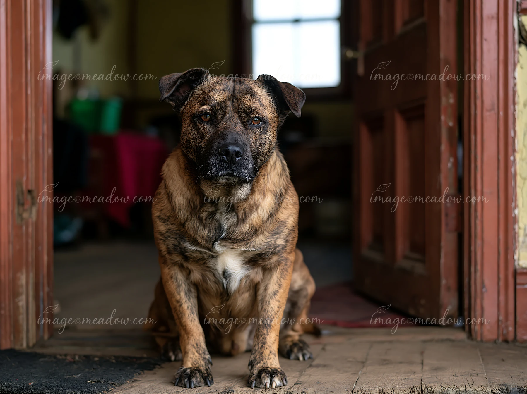 A rare dog breed with a brindle coat sits calmly by an open door inside a house.