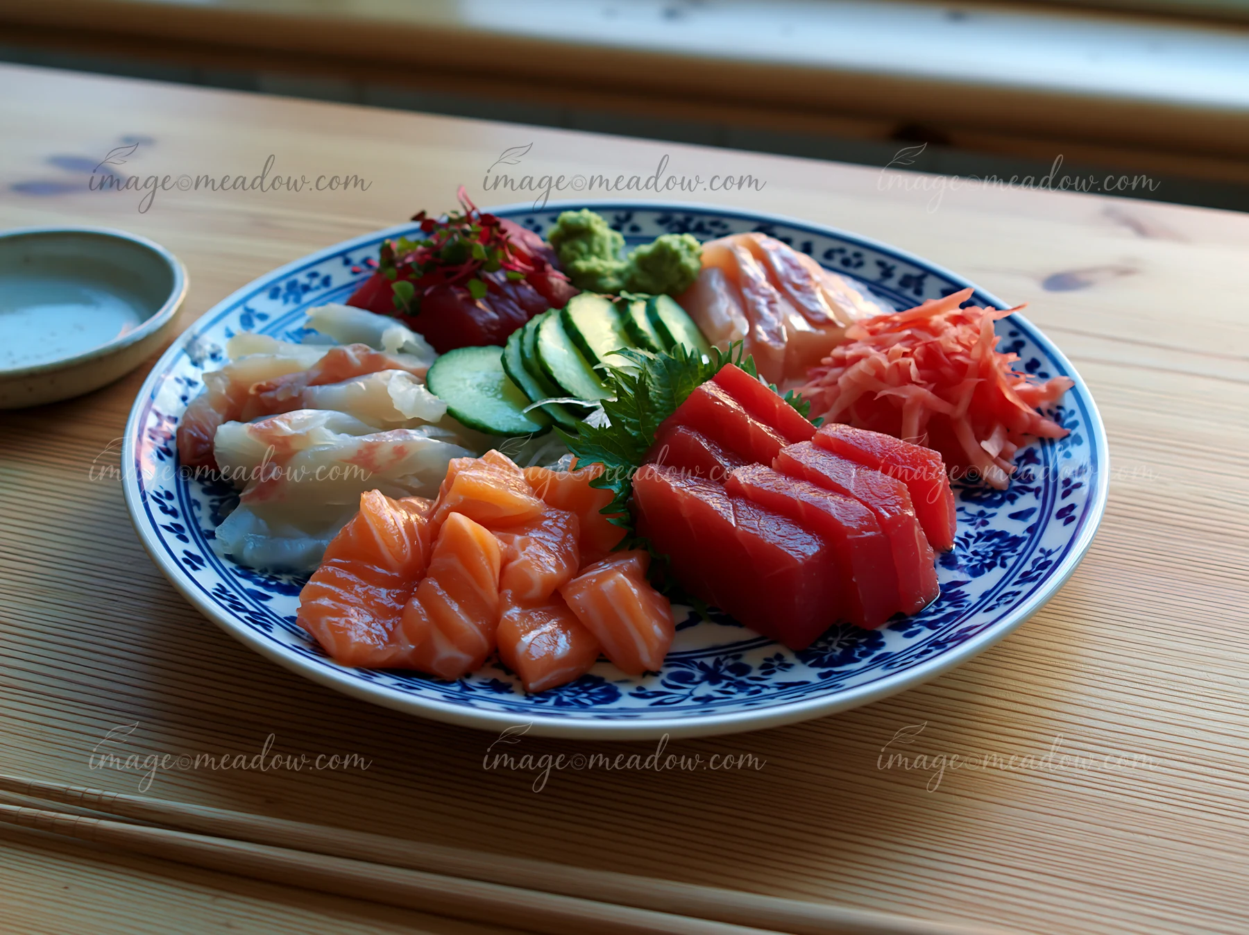 A sashimi platter with pickled ginger and various slices of fish is placed on a wooden table.