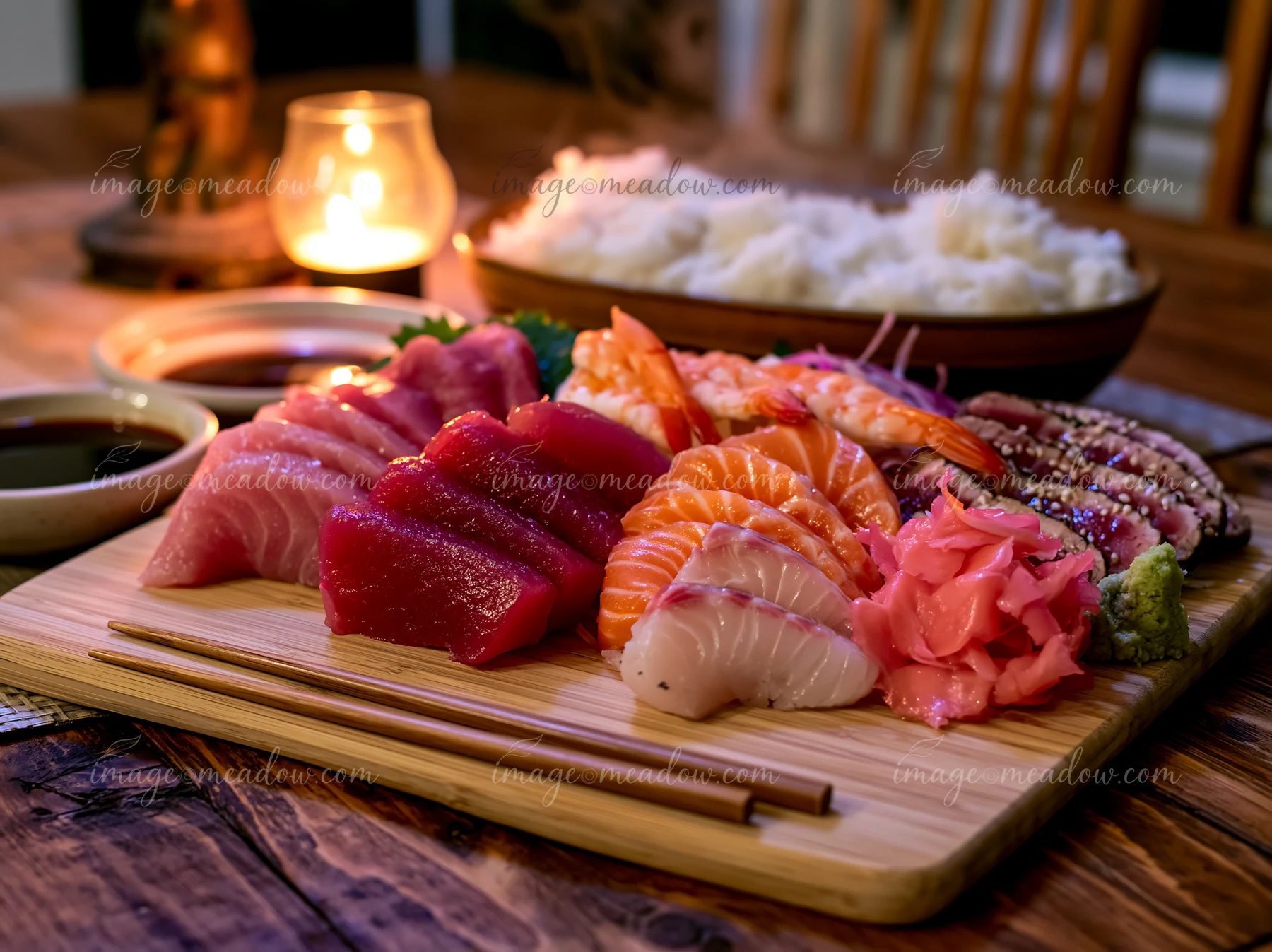 A sashimi platter with pickled ginger is presented on a wooden board, accompanied by soy sauce and a side of rice.