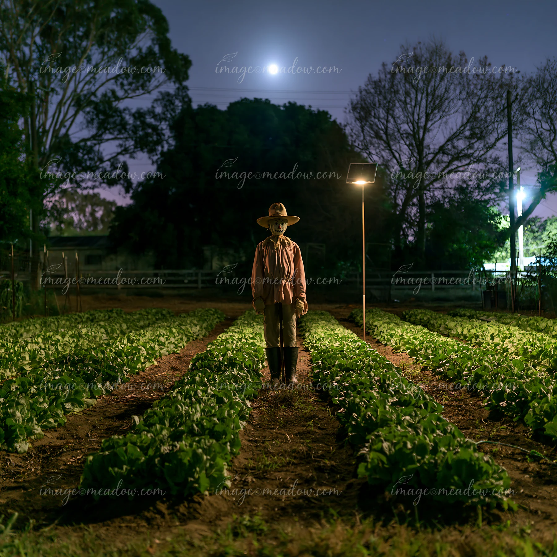 A scarecrow in a rural landscape at night stands among rows of crops.