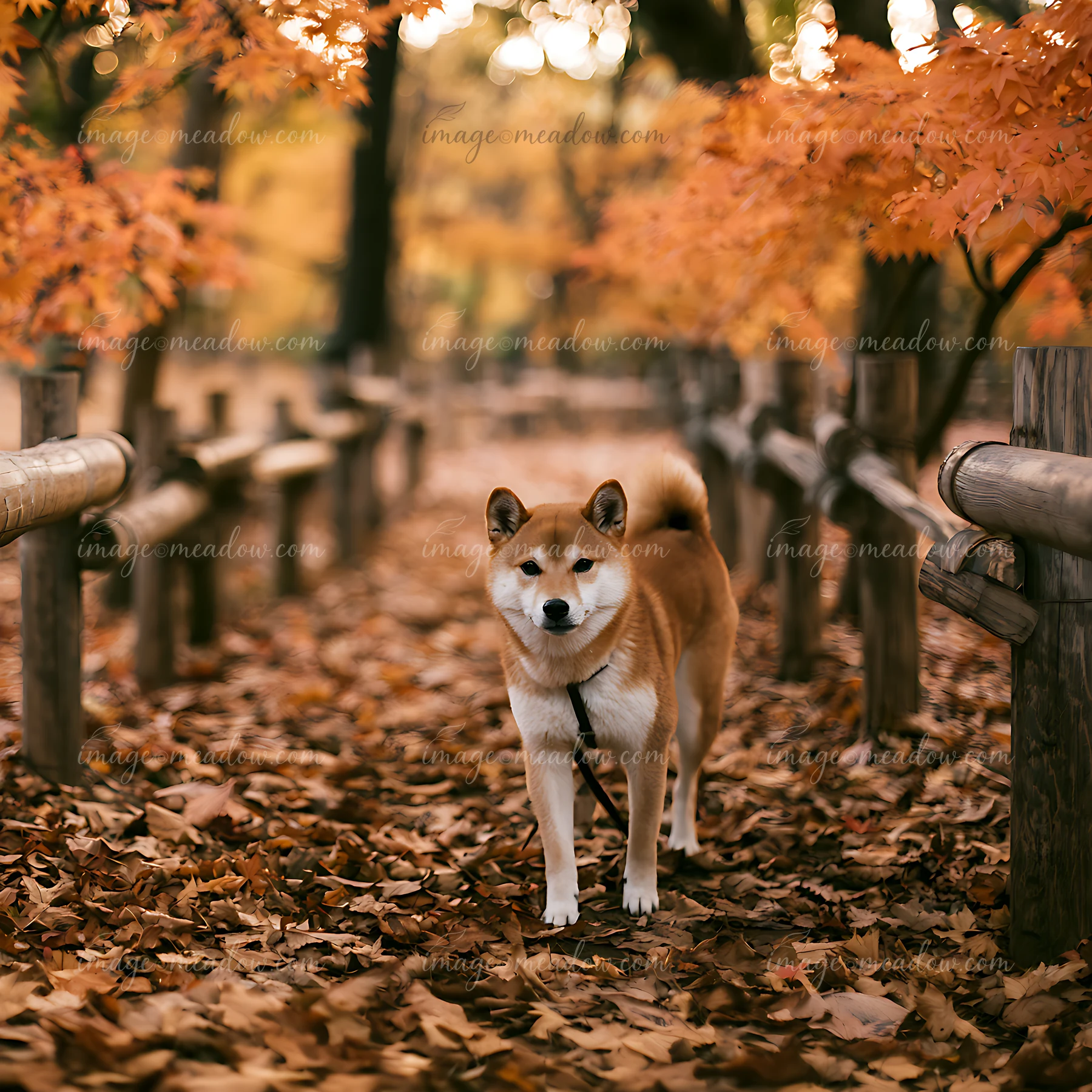A Shiba Inu walks along a path covered with leaves and lined by trees with orange foliage.