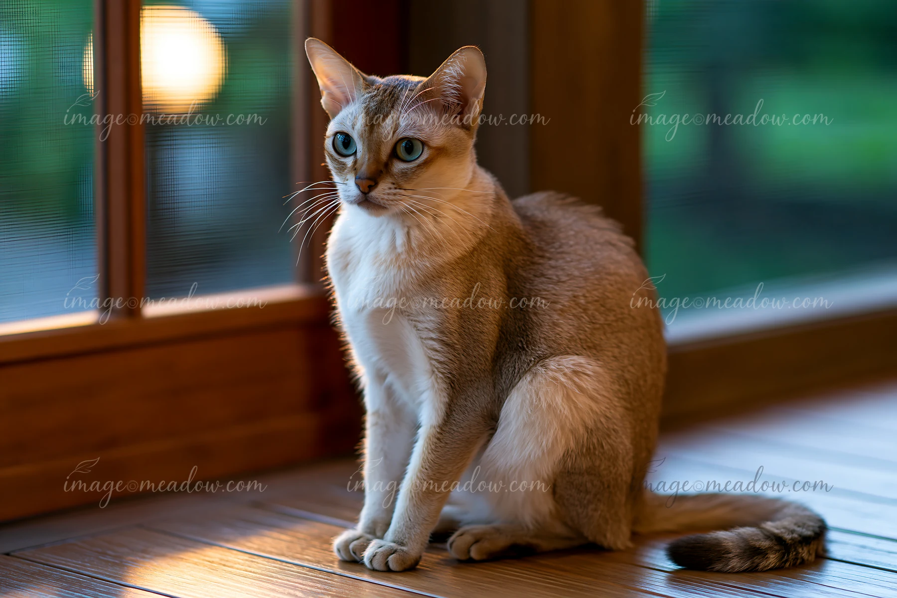 A Singapura cat is sitting calmly by a window, with natural light reflecting off its fur.