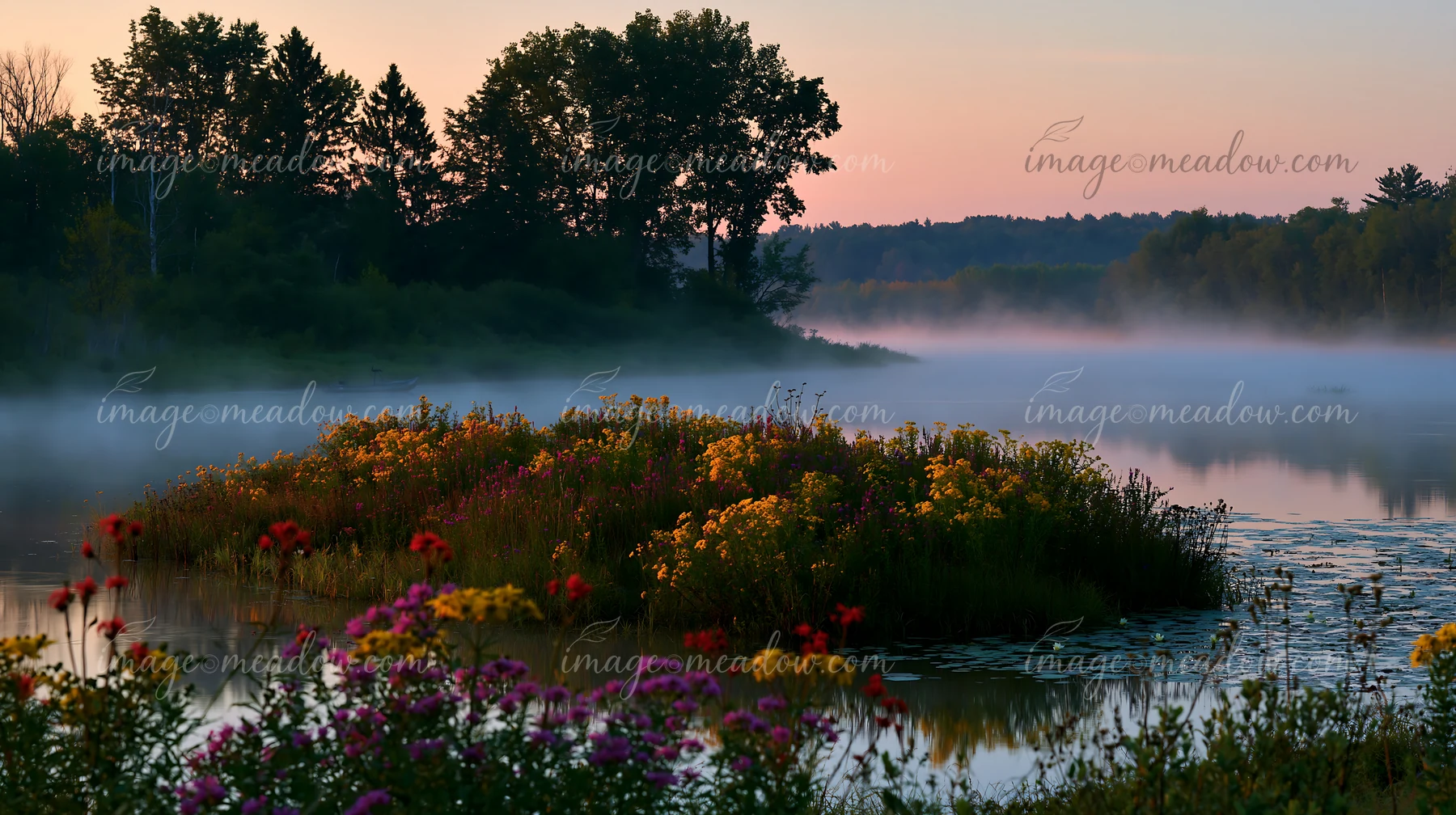 A small island with flowers sits in a body of water, enveloped in morning mist as the sun rises.