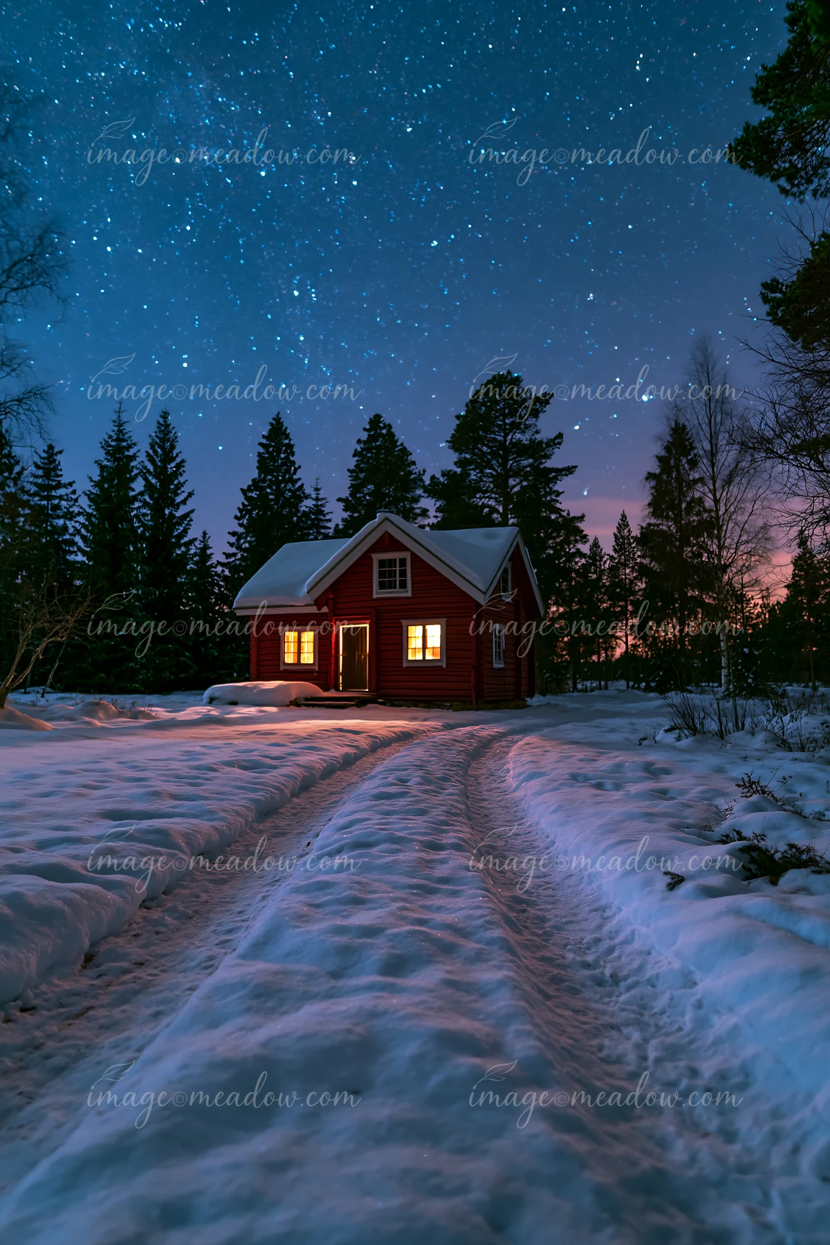 A snow-covered cabin sits under a starry sky with bright windows glowing warmly.