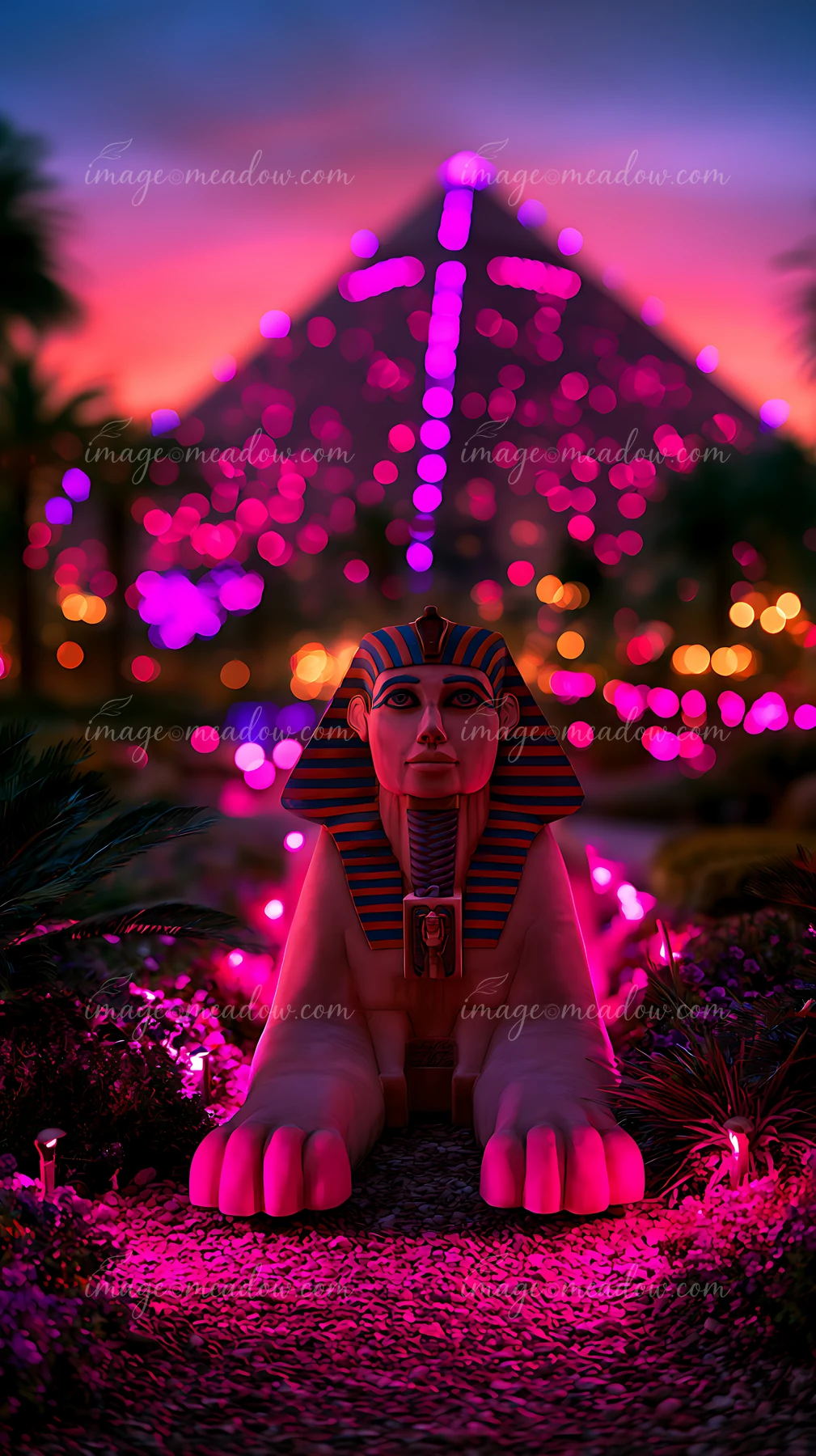 A sphinx statue is illuminated by colorful lights at night, set against a backdrop of a pyramid structure.
