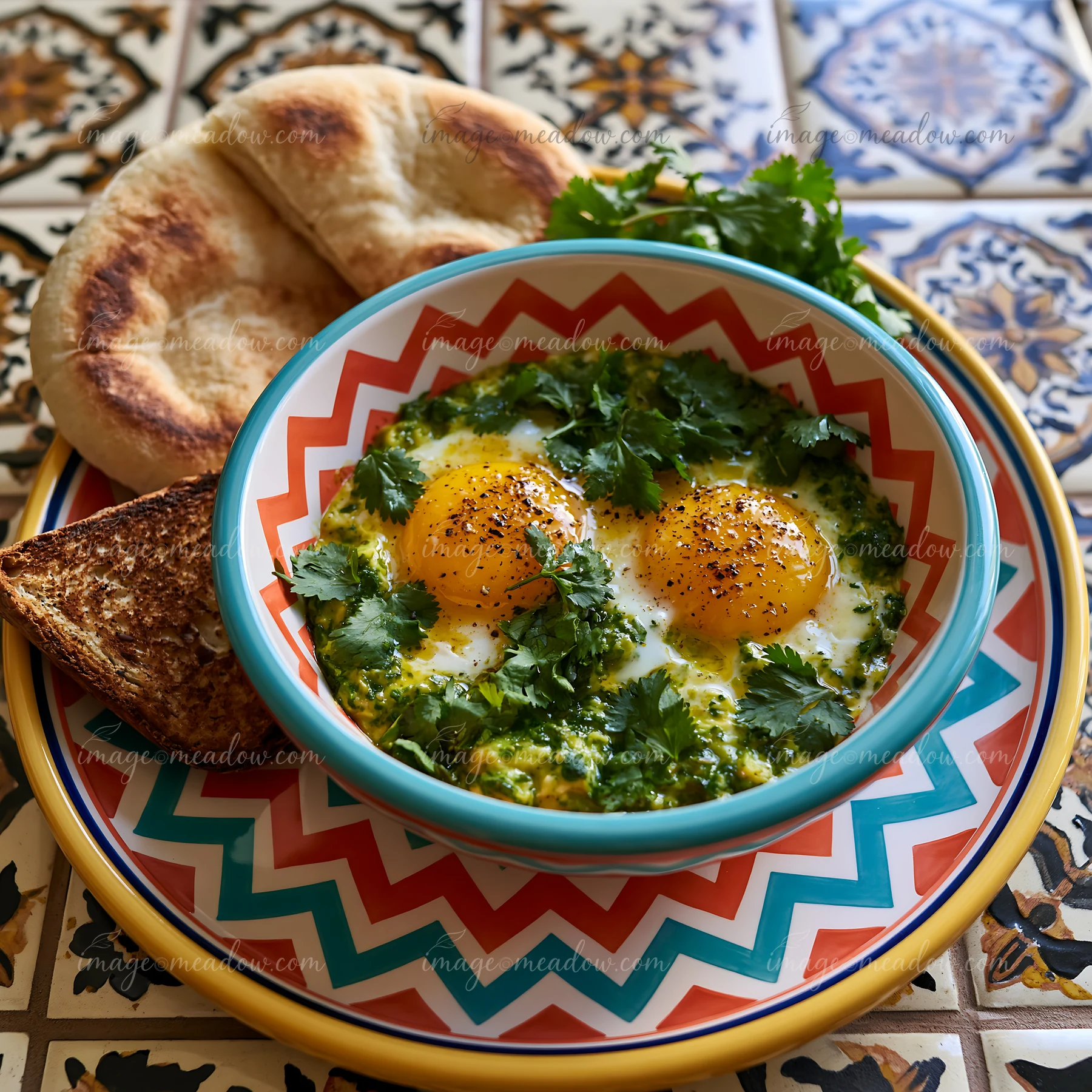 A spring breakfast plate features two sunny-side-up eggs topped with cilantro, served with toasted bread and flatbread.