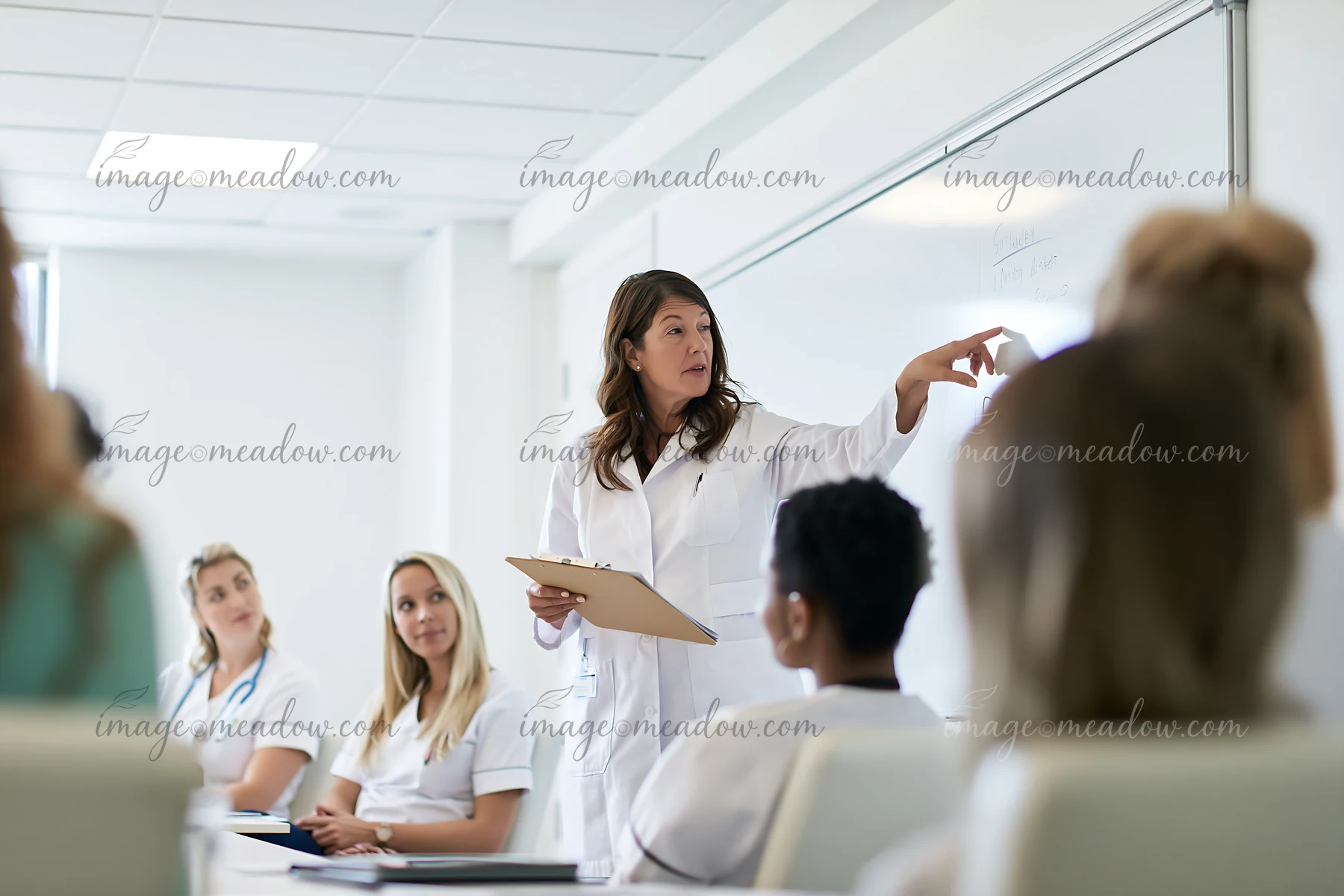A team leader pointing at a whiteboard discusses important topics with a group of professionals in a well-lit meeting room.