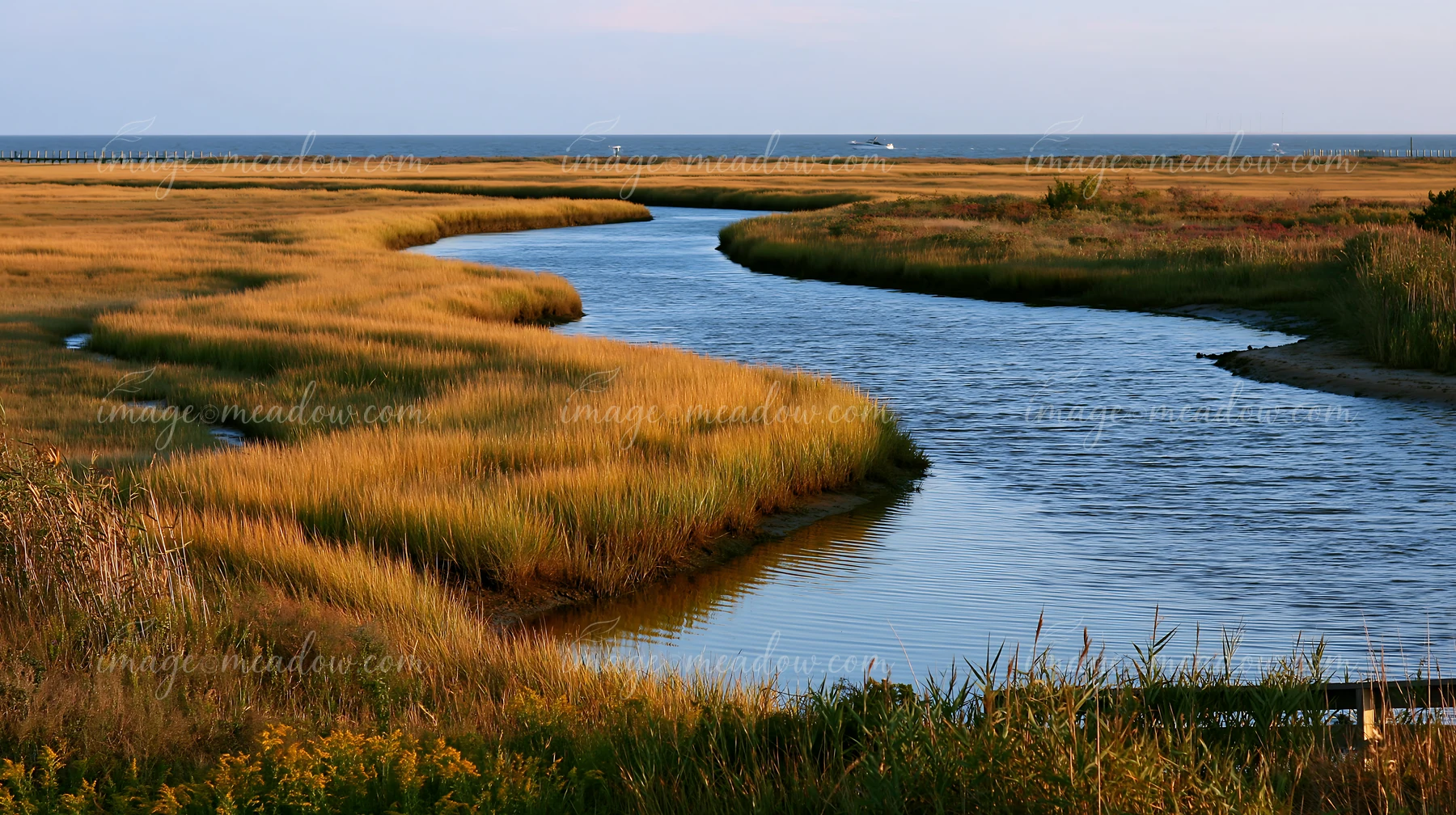 A winding river flows through grassy marshland that leads to the ocean, illustrating a coastline with protected marine habitat.