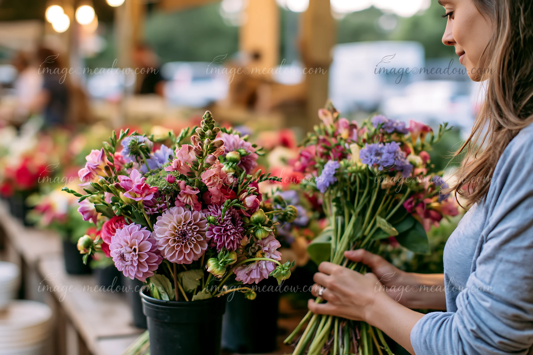 A woman arranges mixed seasonal flowers at a farmers market.
