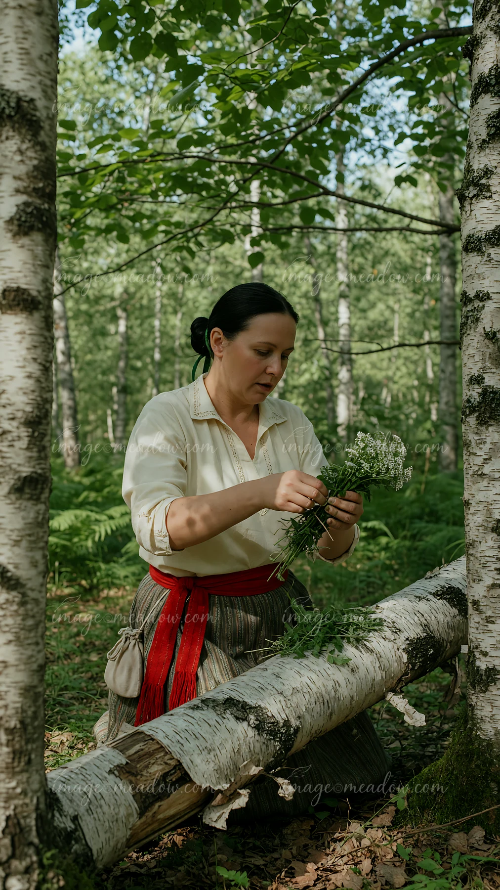A woman in heritage attire gathers herbs in a dense forest.
