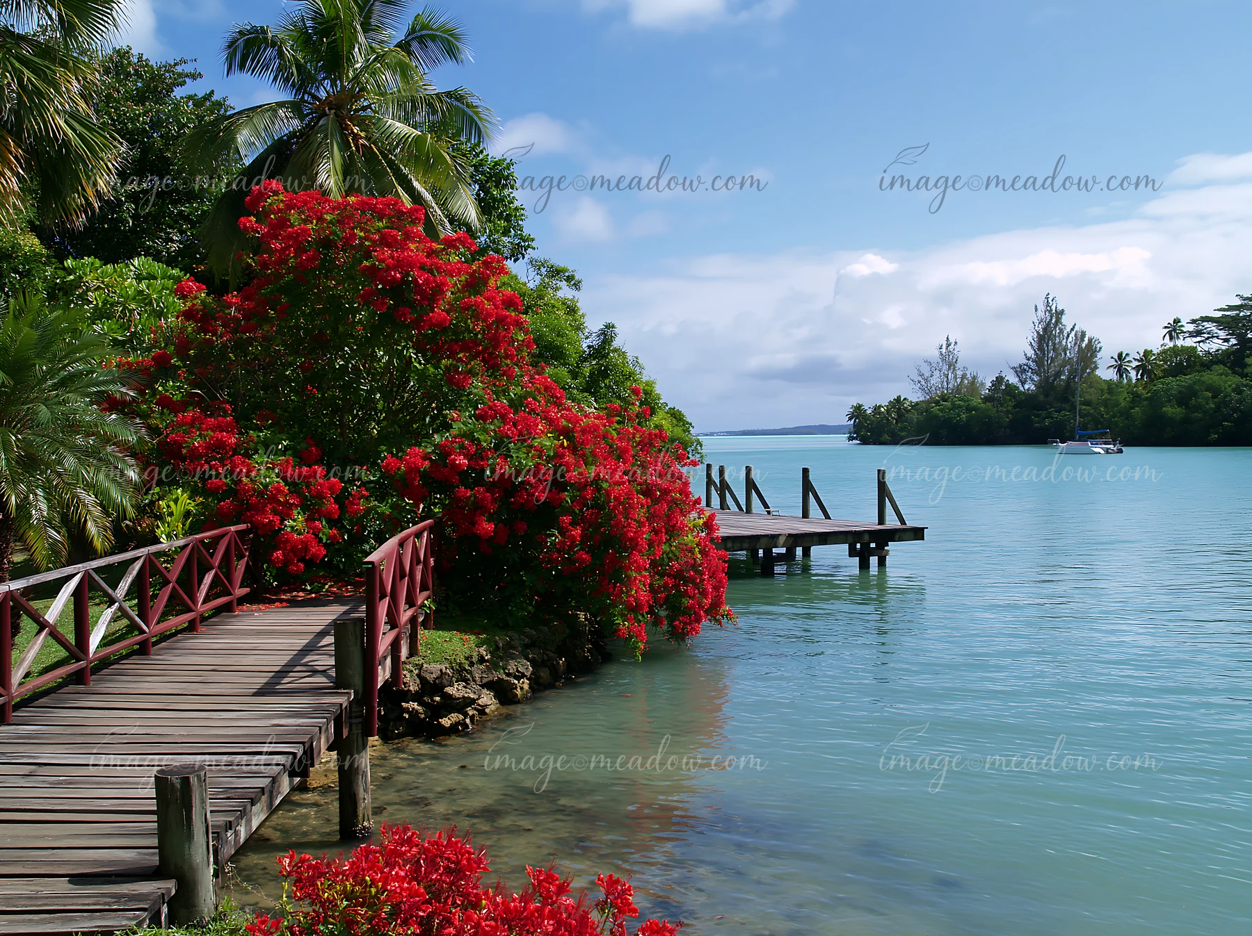 A wooden pathway leads through bright flowers beside clear blue waters.