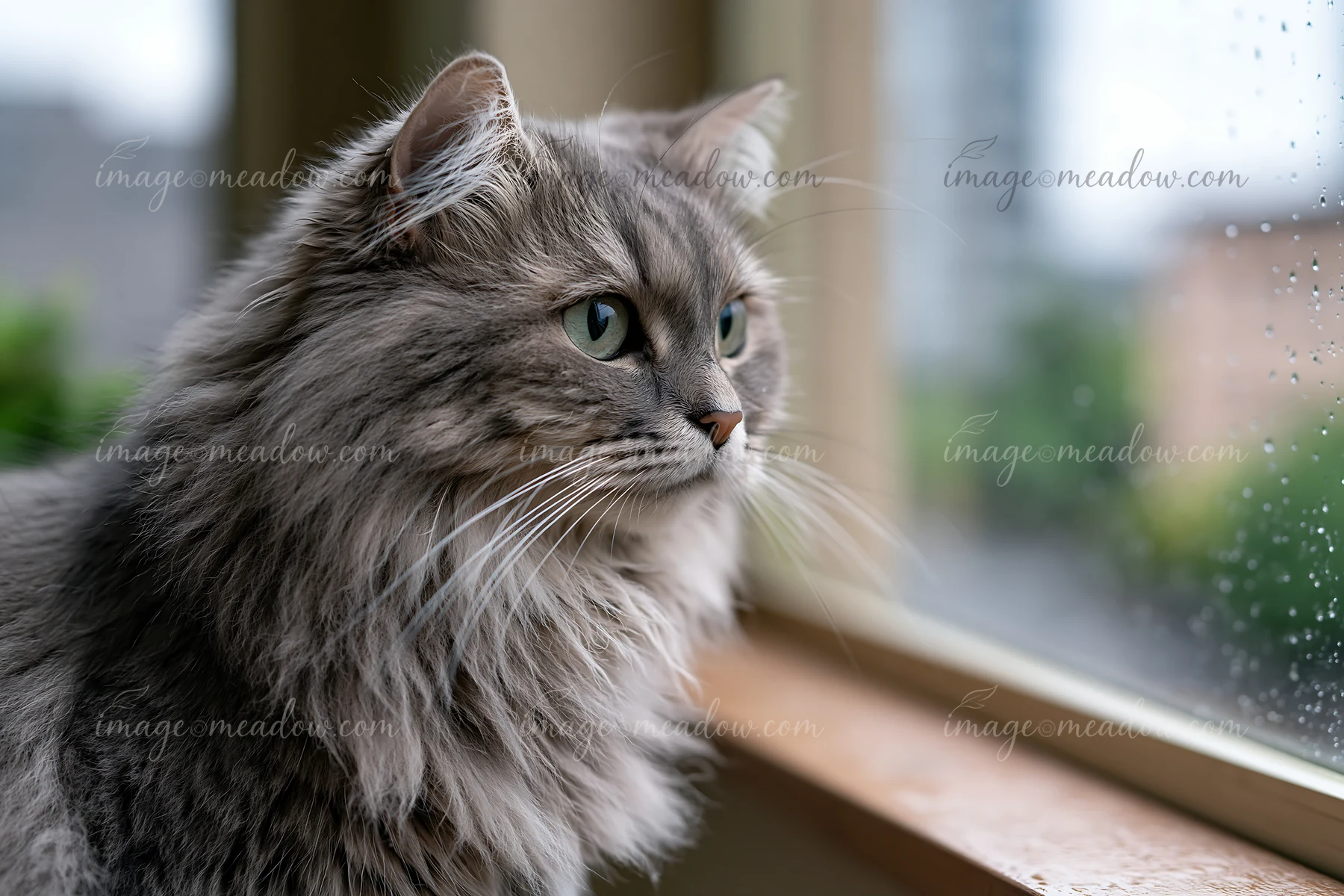 An Asian Semi-longhair cat sits by a window, gazing outside as rain falls.