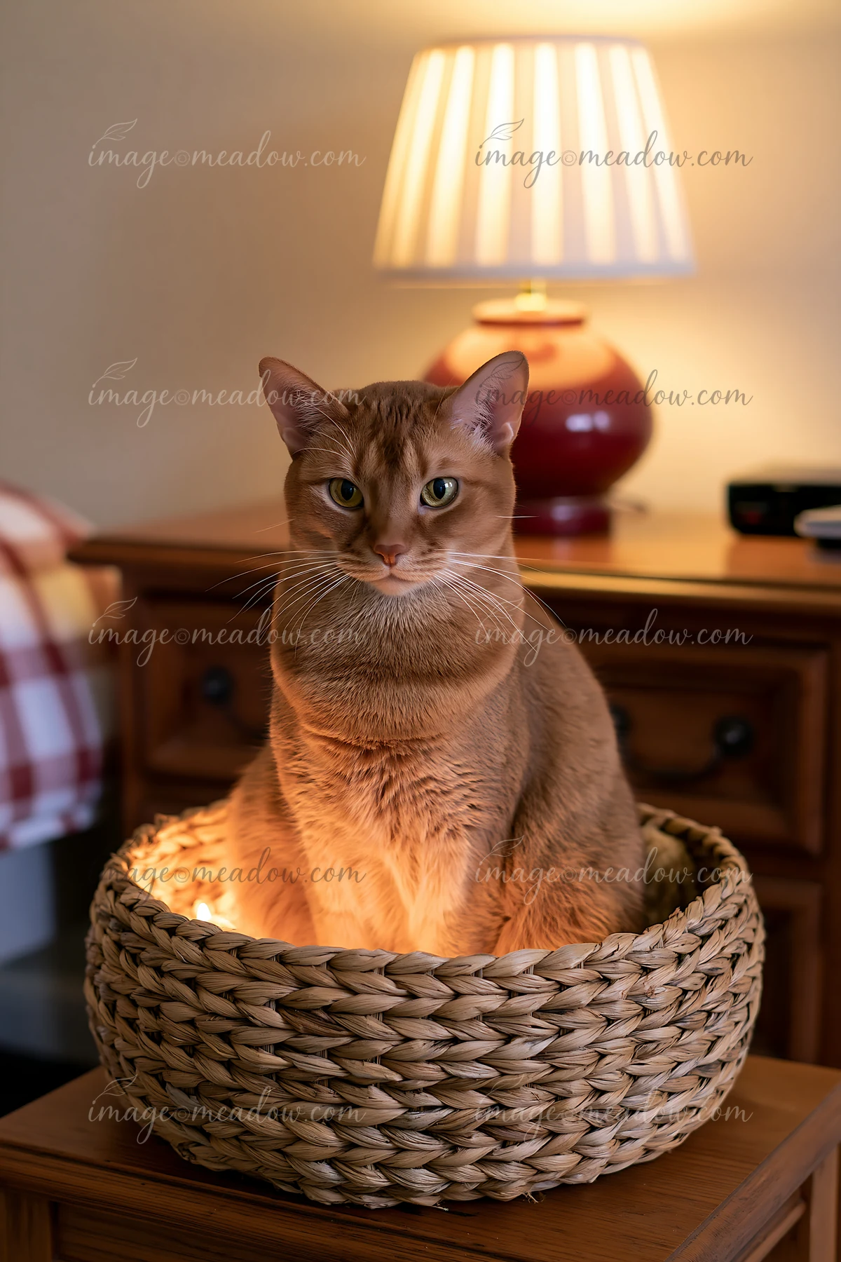 An Australian Mist cat sits in a woven basket, illuminated by warm light from a nearby lamp.