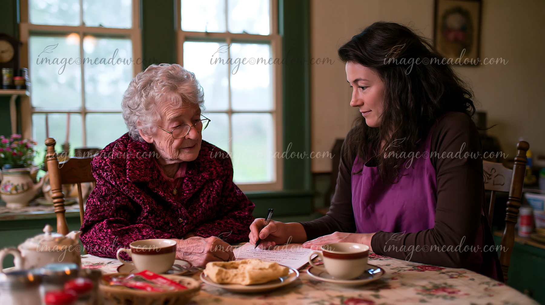 An elderly woman with Alzheimer's is seated at a table with a caregiver, who is assisting her in filling out a form before a doctor's visit.