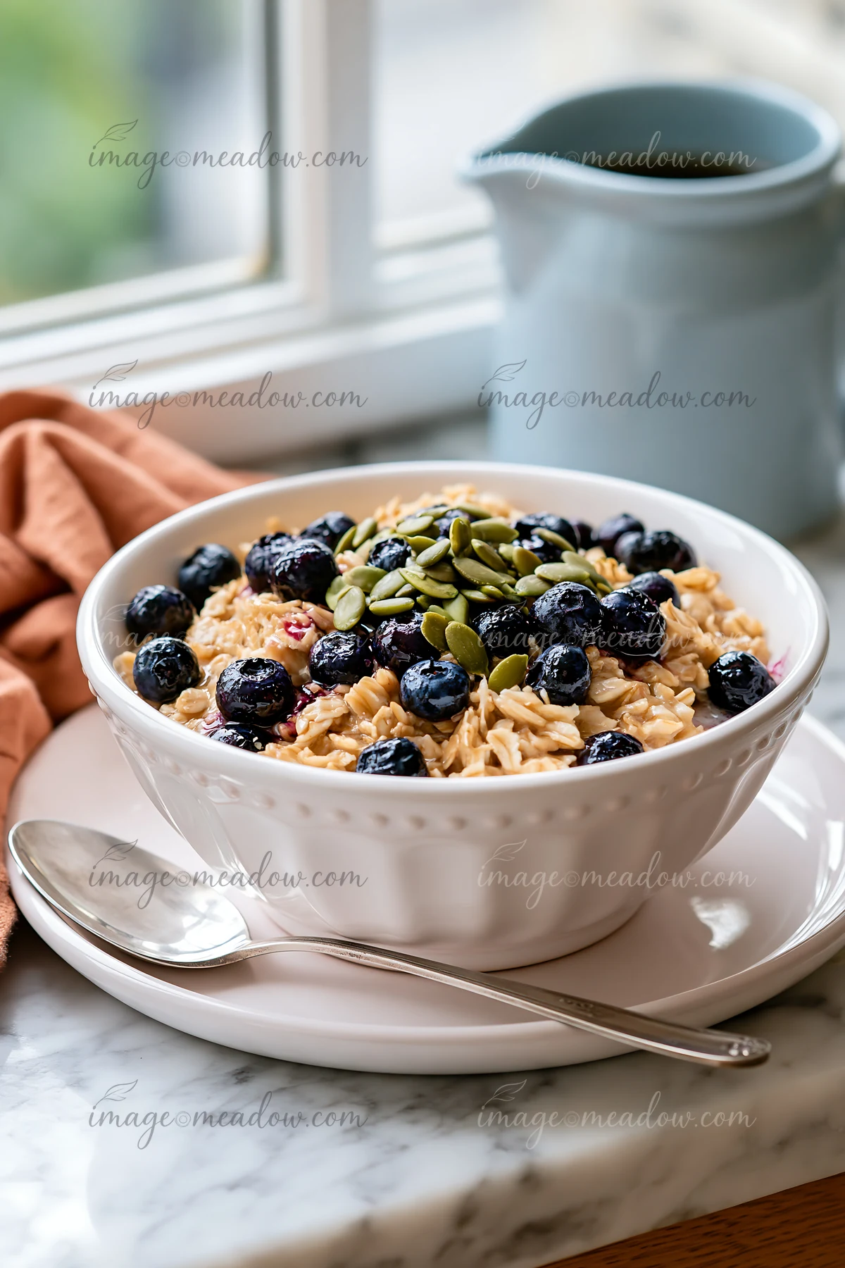 Breakfast plate with muesli features oats, blueberries, and seeds.