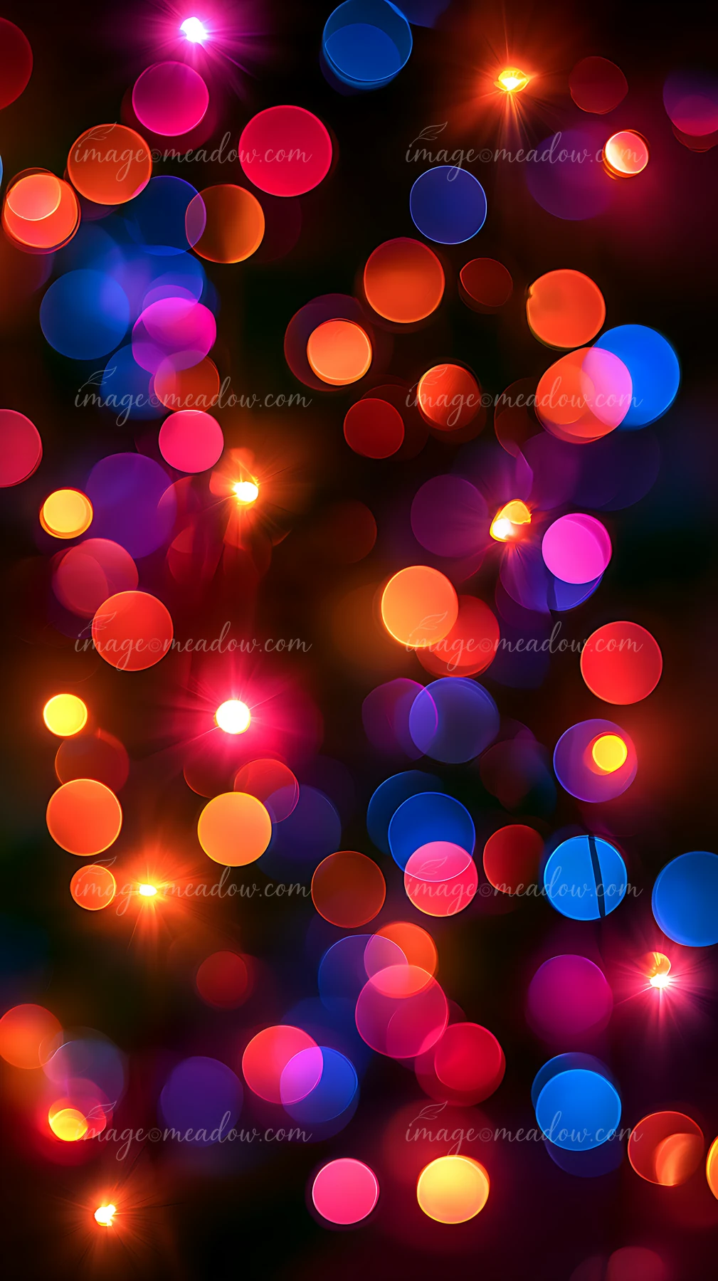 Bright circles of light in various colors fill the dark background, creating a lively and dynamic visual effect suitable for celebrations and events.