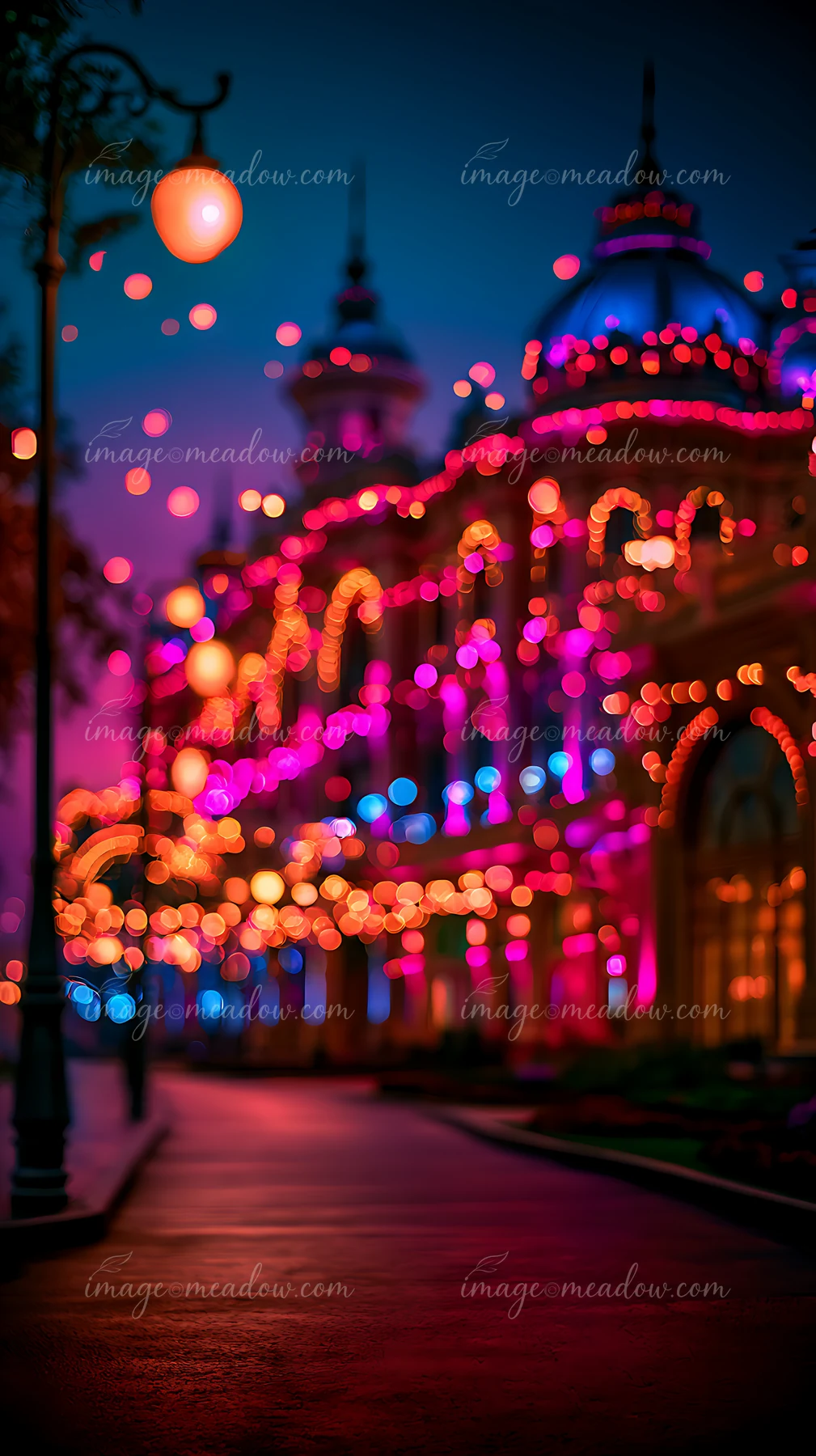 Bright lights in pink and blue adorn a historic building as nighttime falls.